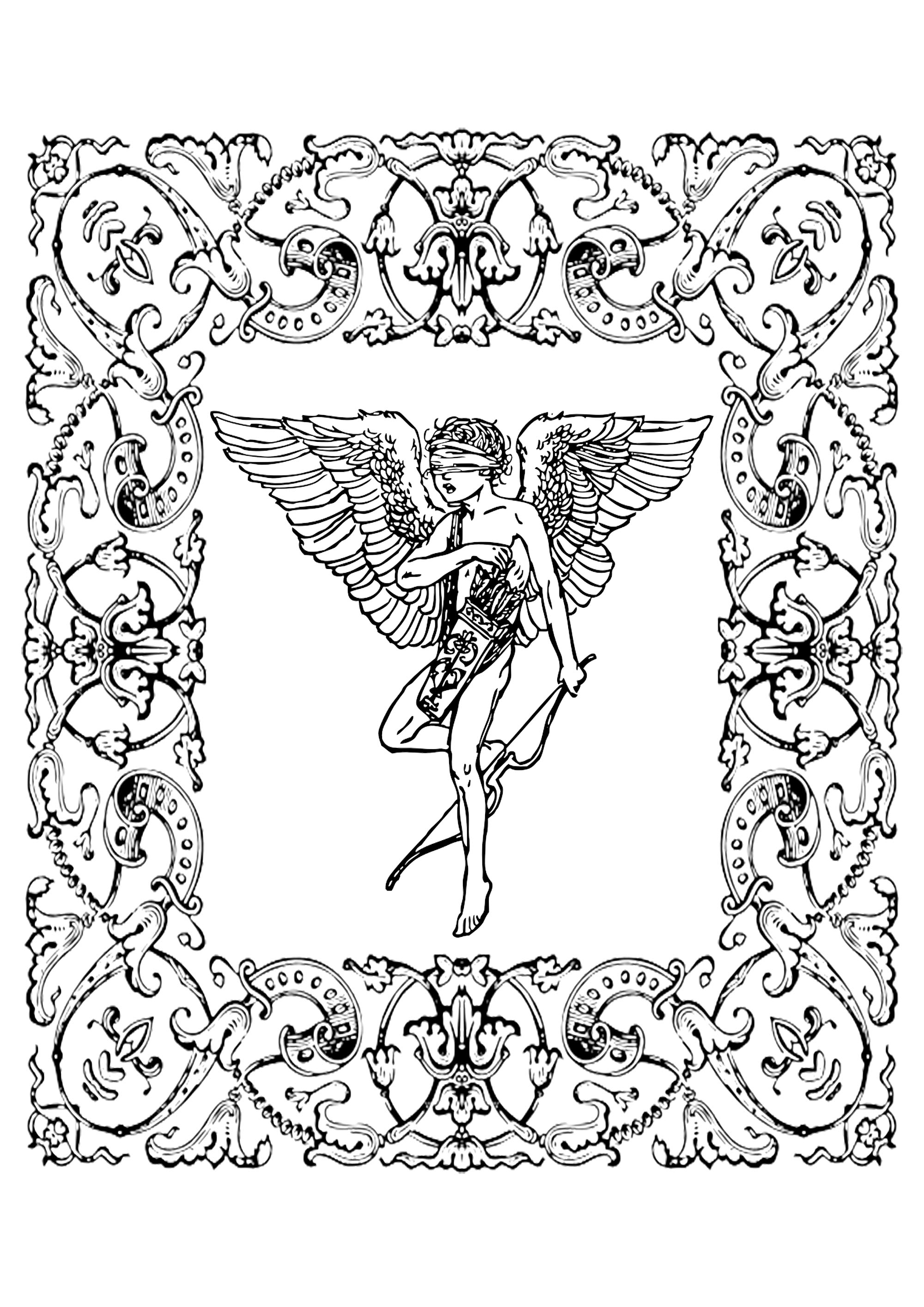 Dibujo vintage de Cupidón en un marco floreado