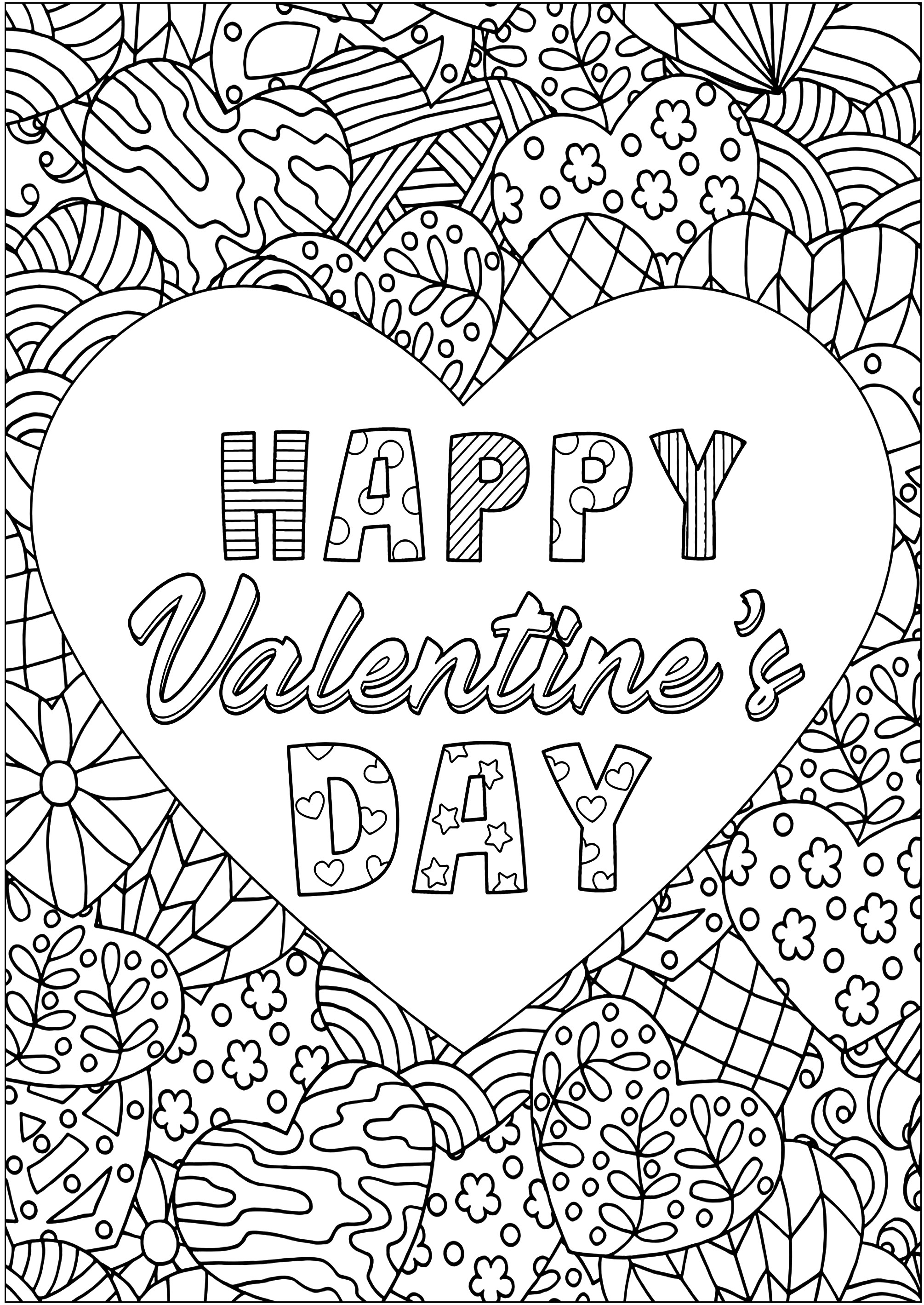 Corazón de San Valentín con diseños intrincados. Corazones estampados rodean un corazón grande con el texto 'FELIZ DÍA DE SAN VALENTÍN'.