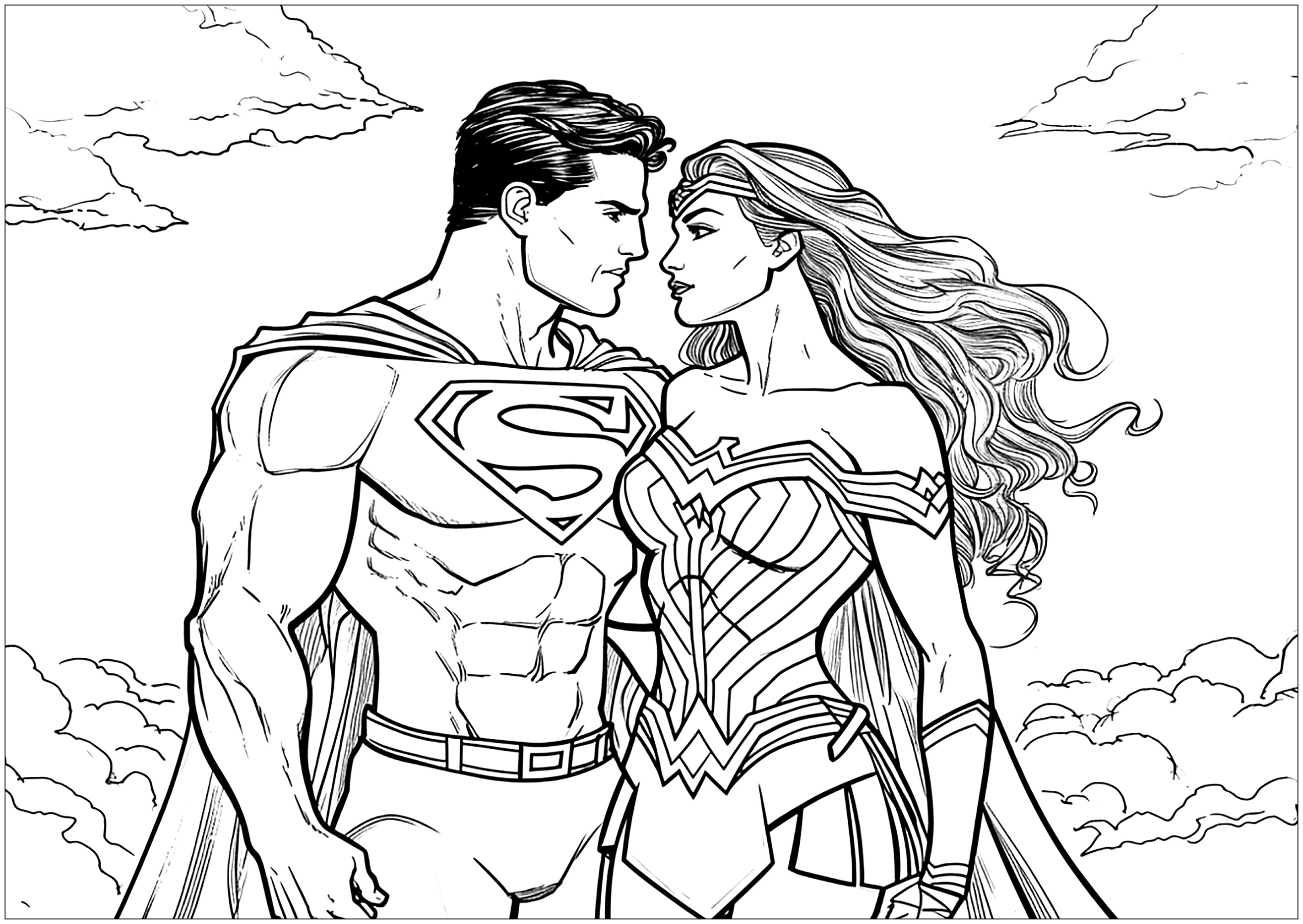 Superman y Wonder Woman enamorados. Hasta los superhéroes pueden enamorarse... ¡Una página para colorear original para San Valentín!