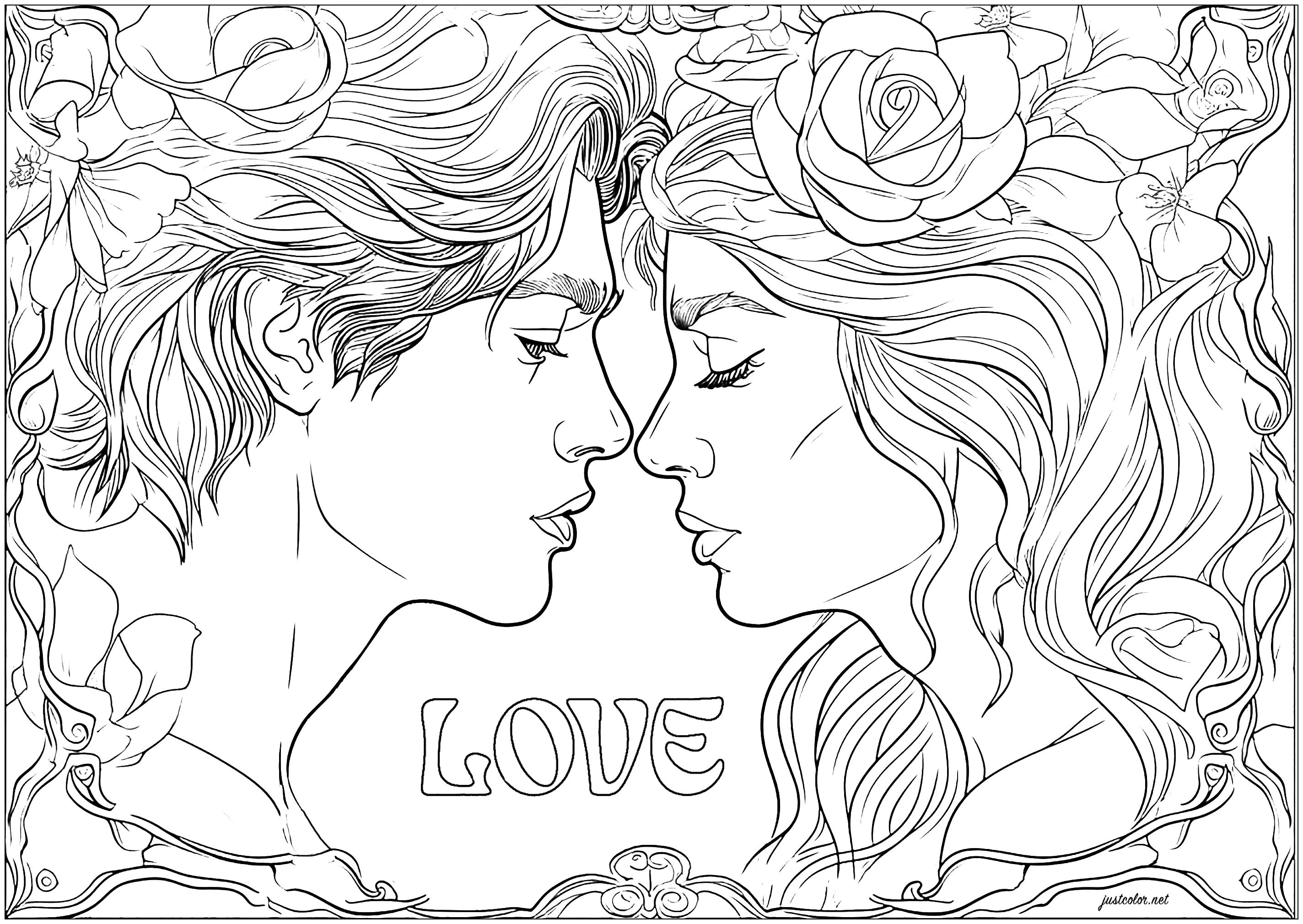 Coloriage Saint Valentin style Art Nouveau (Página de Día De San Valentín para imprimir para adultos)
