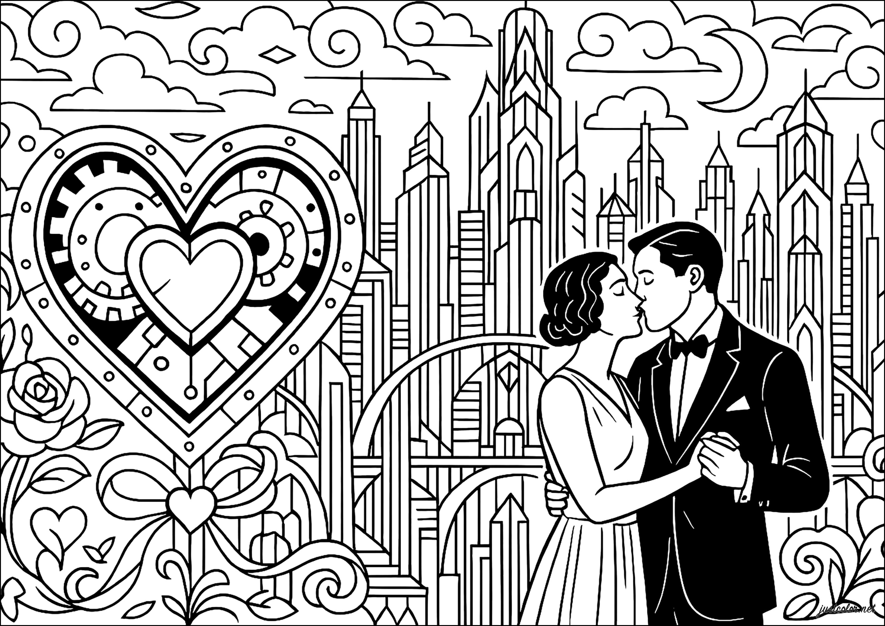 Romance Art Decó en Metrópolis (Página de Día De San Valentín para imprimir para adultos)