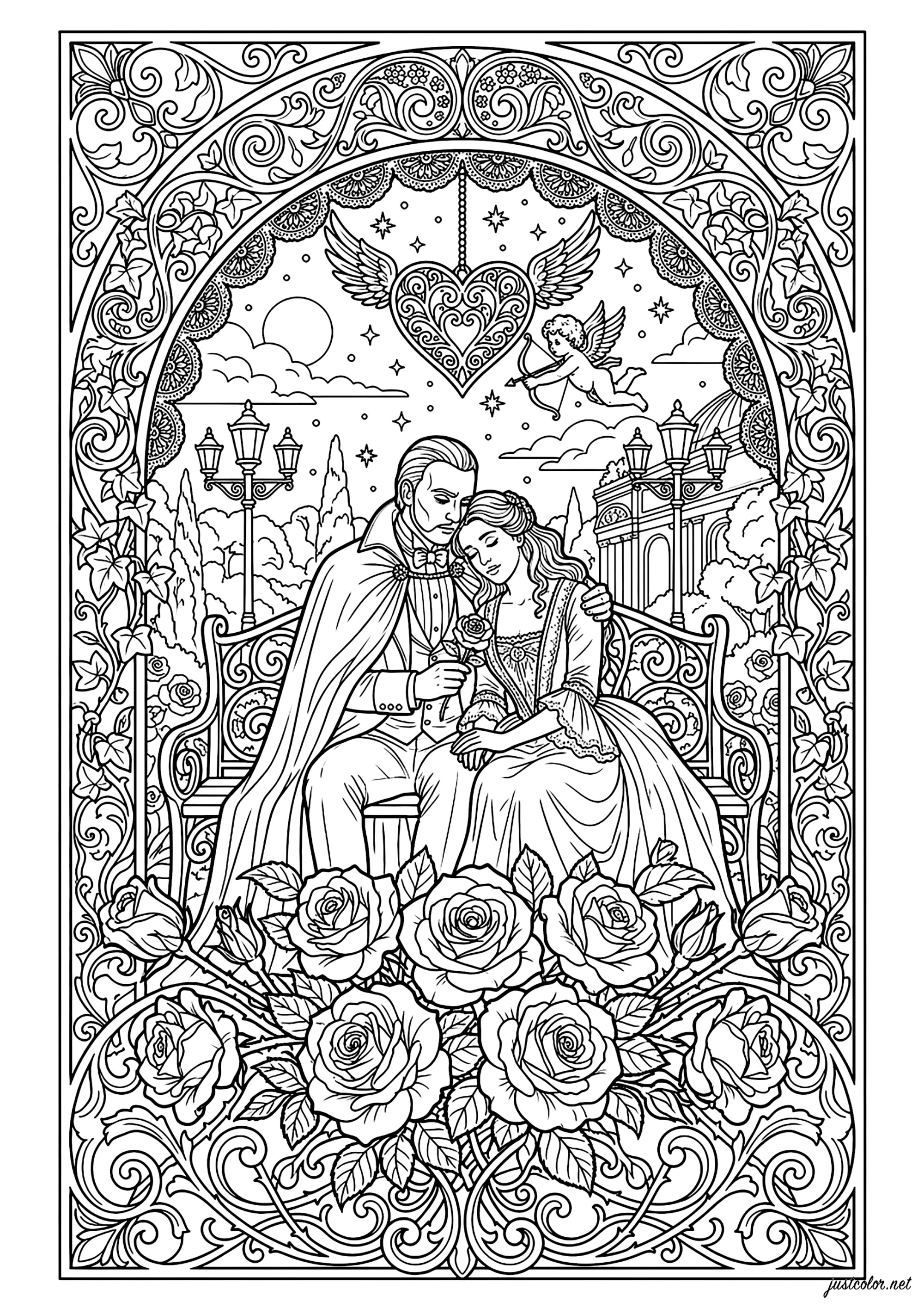 Una historia de amor en un jardín mágico, inspirada por El Fantasma de la Ópera. (Página de Día De San Valentín para imprimir para adultos)