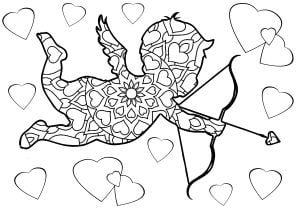 Página de para imprimir para adultos : Cupido con motivos y corazones alrededor