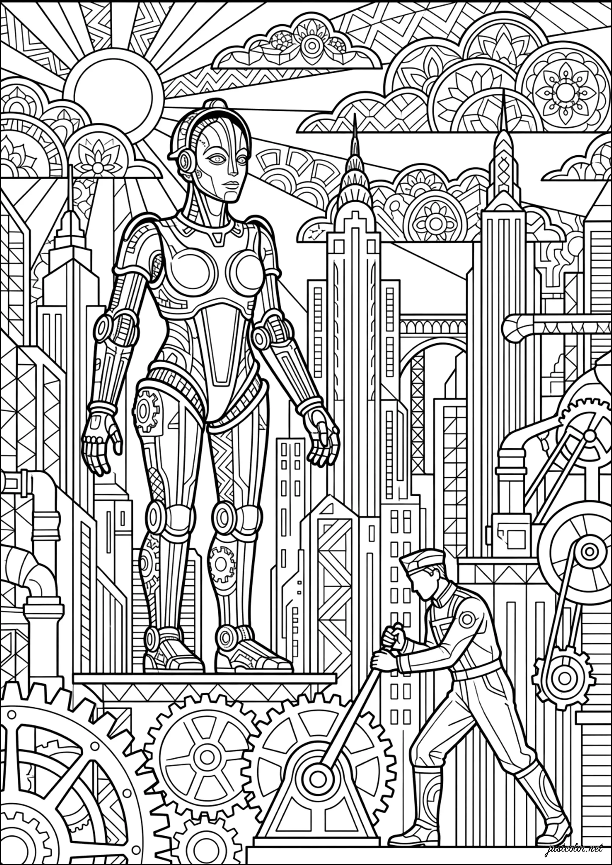 Automatiza el Art Decó y el Trabajador Mecánico (Página de Steampunk para imprimir para adultos)