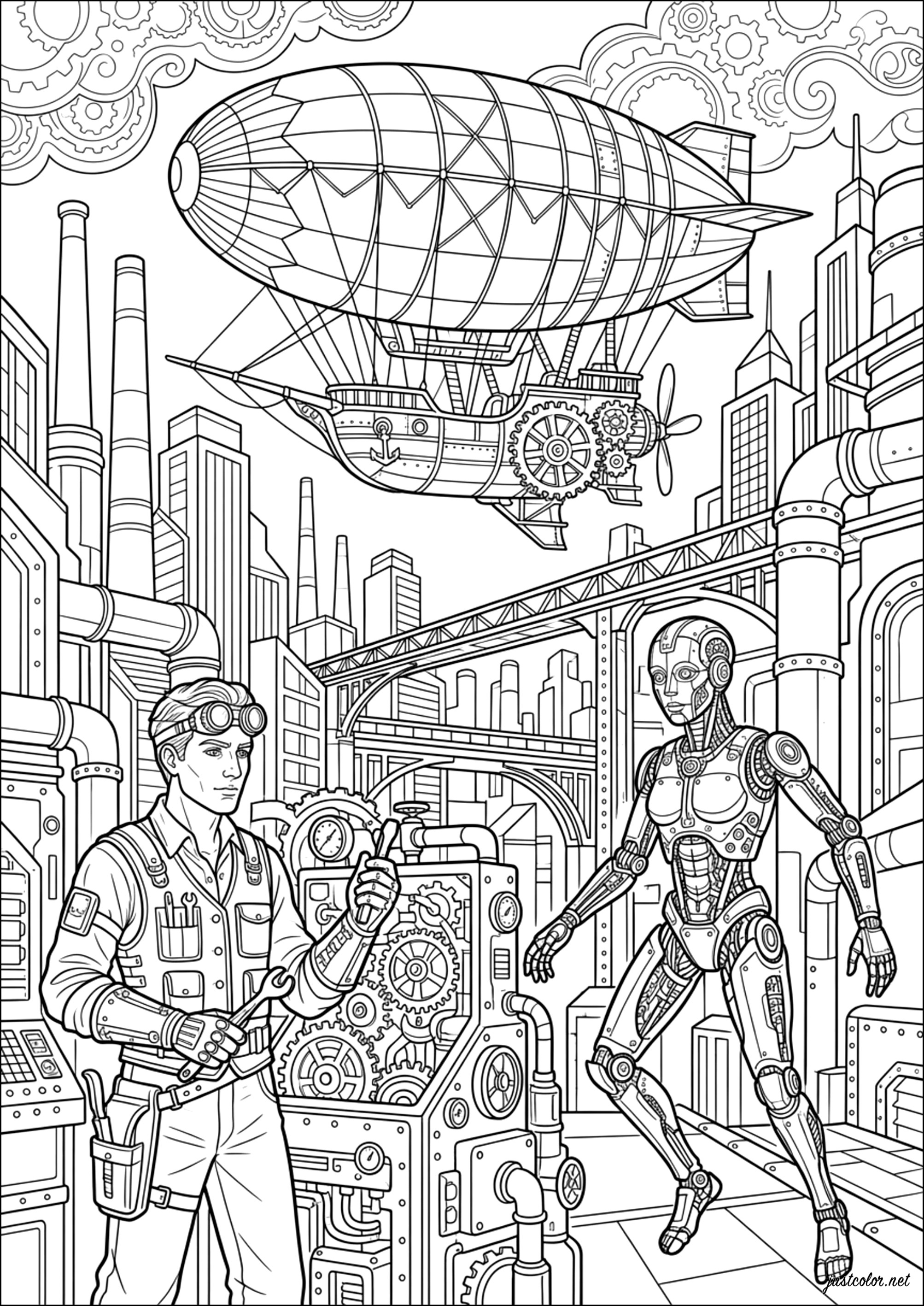 Universo imaginario de la era steampunk (Página para imprimir para adultos)