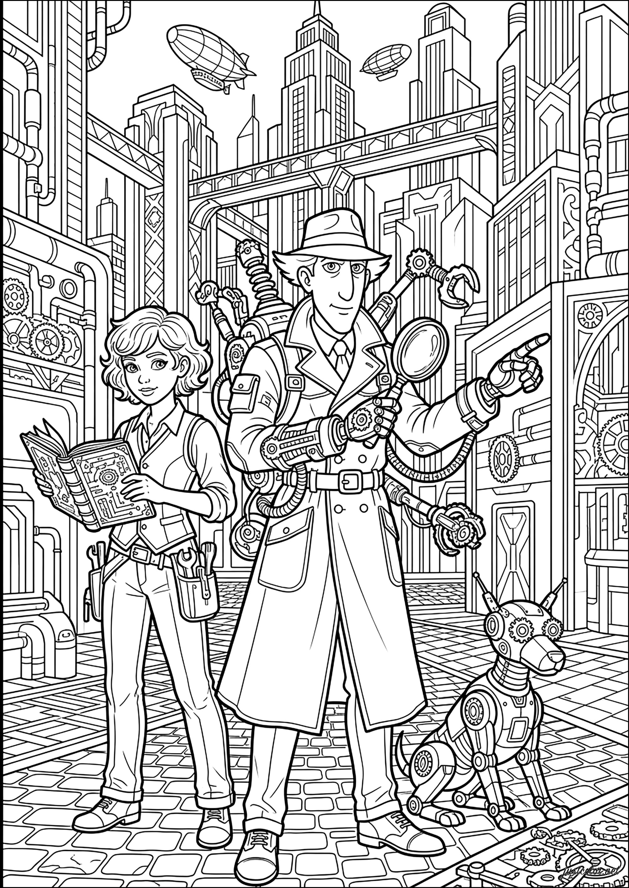 Inspector Gadget steampunk en una ciudad mecánica futurista (Página para imprimir para adultos)