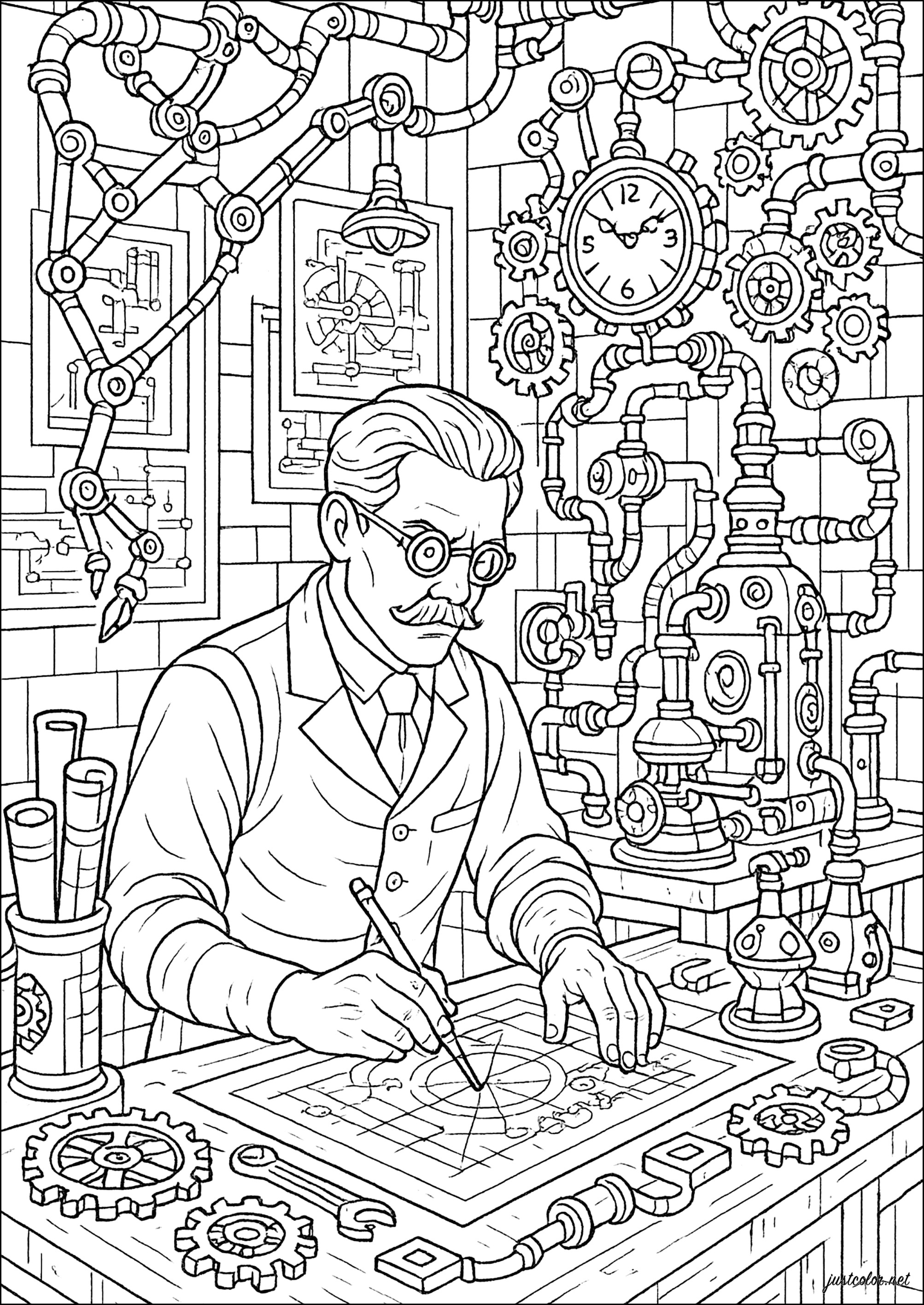 Inventor en su taller mecánico (Página de Steampunk para imprimir para adultos)
