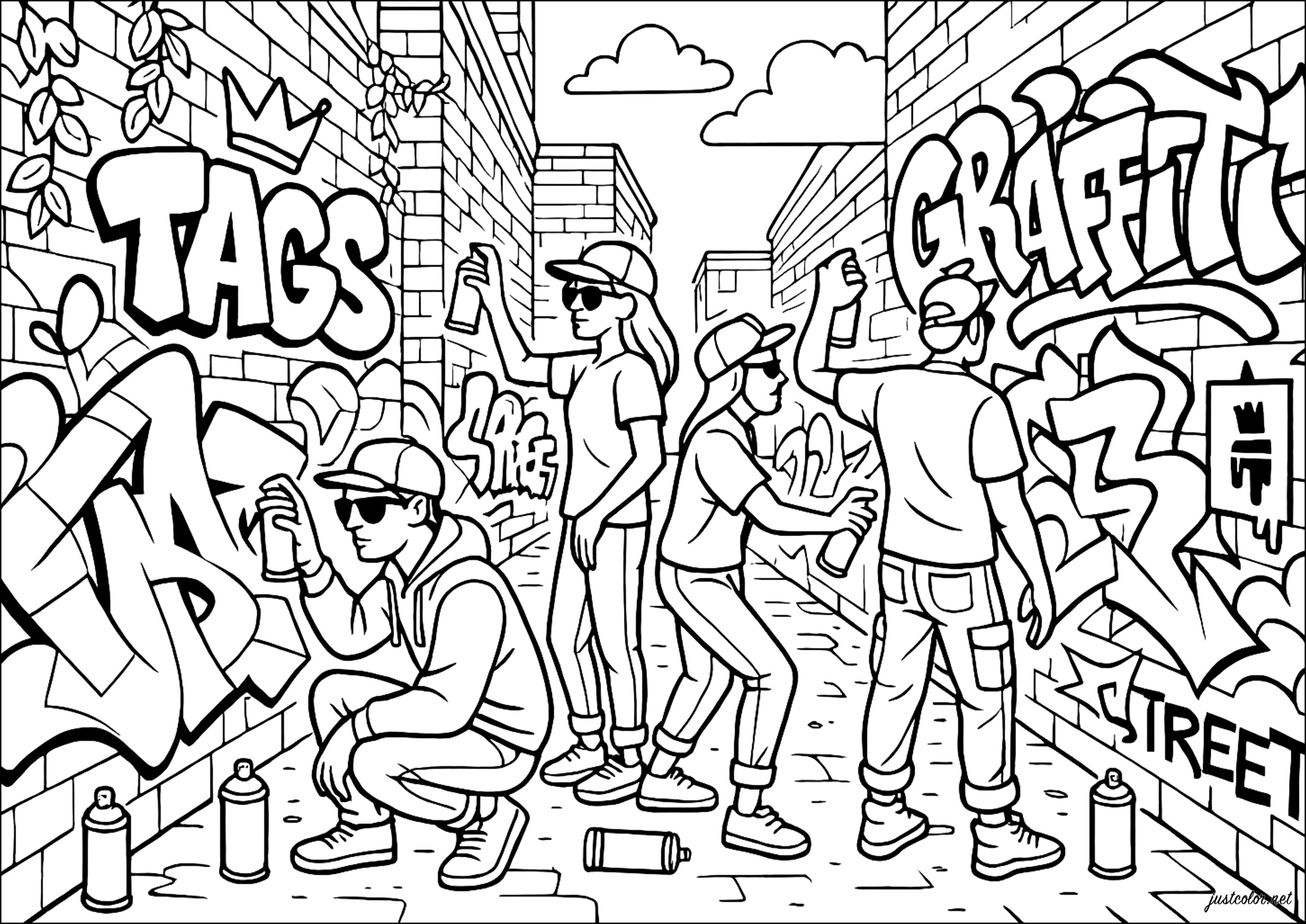 Escena Urbana en Blanco y Negro (Página de Leyendas y graffitis para imprimir para adultos)