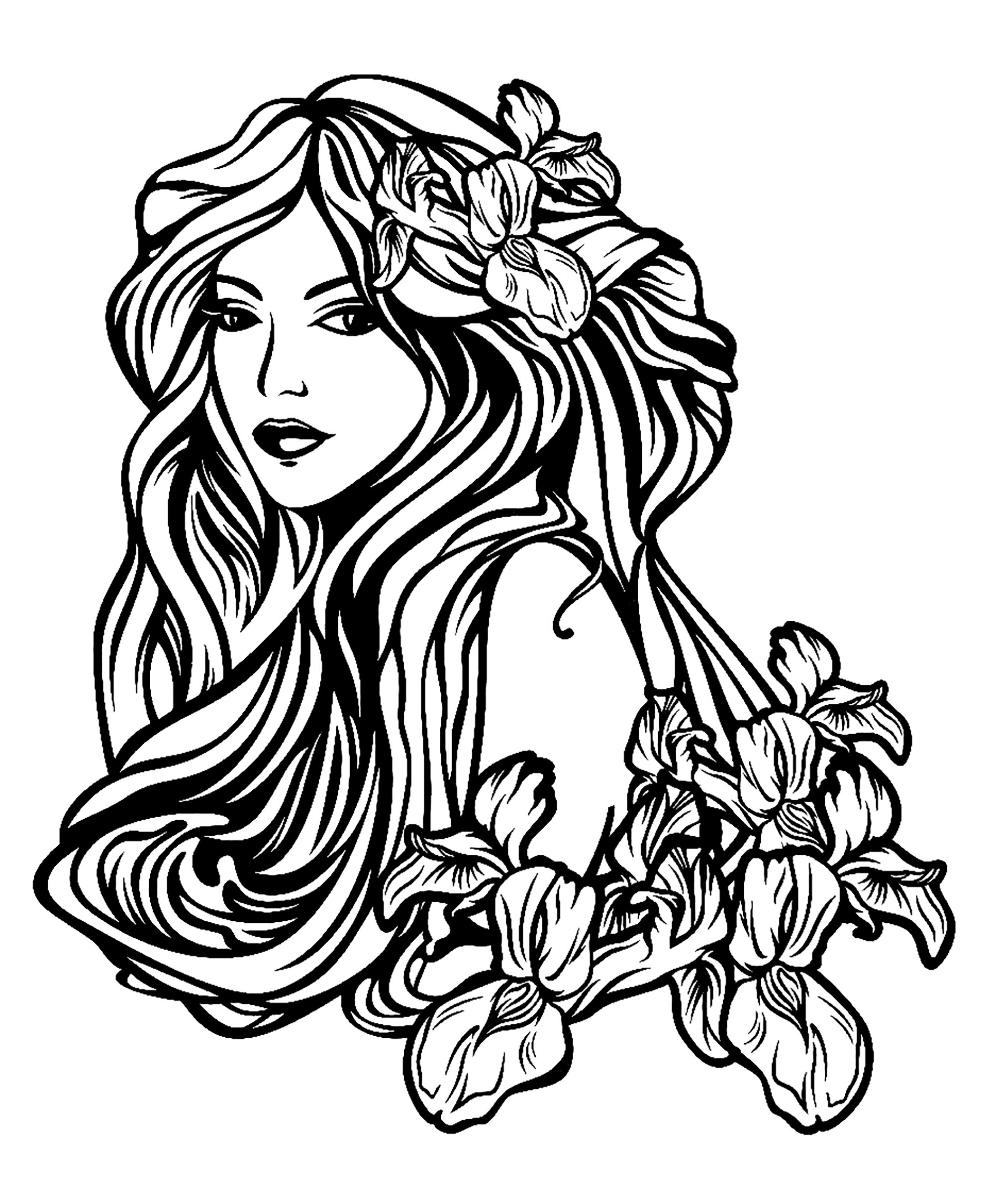 Hermosa mujer con el pelo largo entre flores de iris - estilo Art nouveau, perfecto para un tatuaje, Artista : Svetlana Alyuk   Origen : 123rf