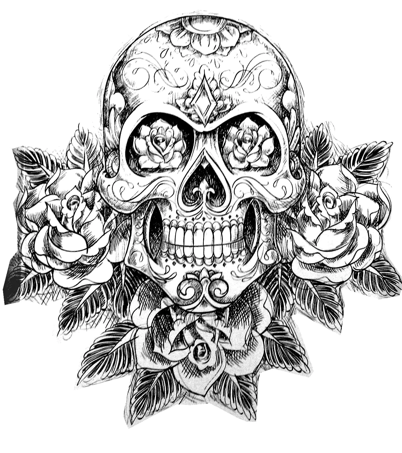 Calavera y rosa (Página de Tatuajes para imprimir para adultos)