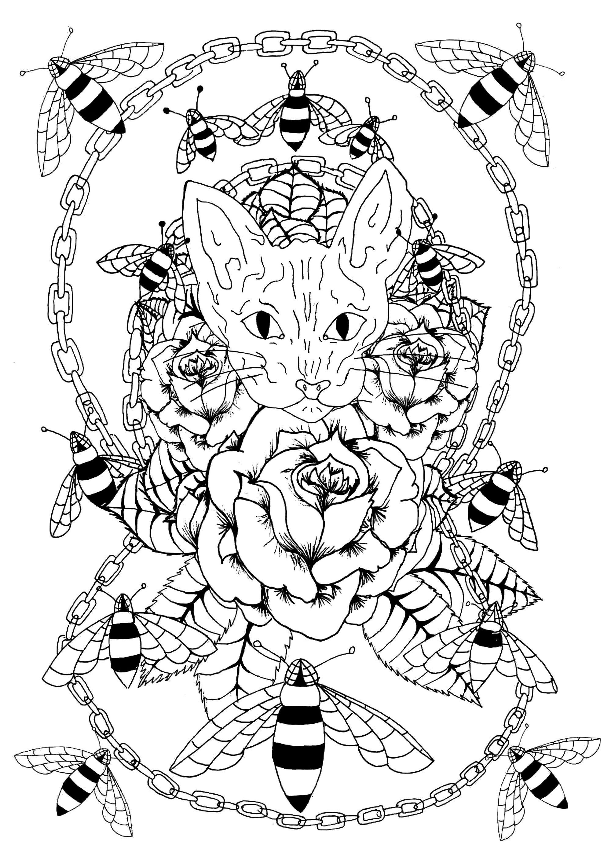 Cabeza de gato Sphynx rodeada de rosas, abejas y una cadena de metal