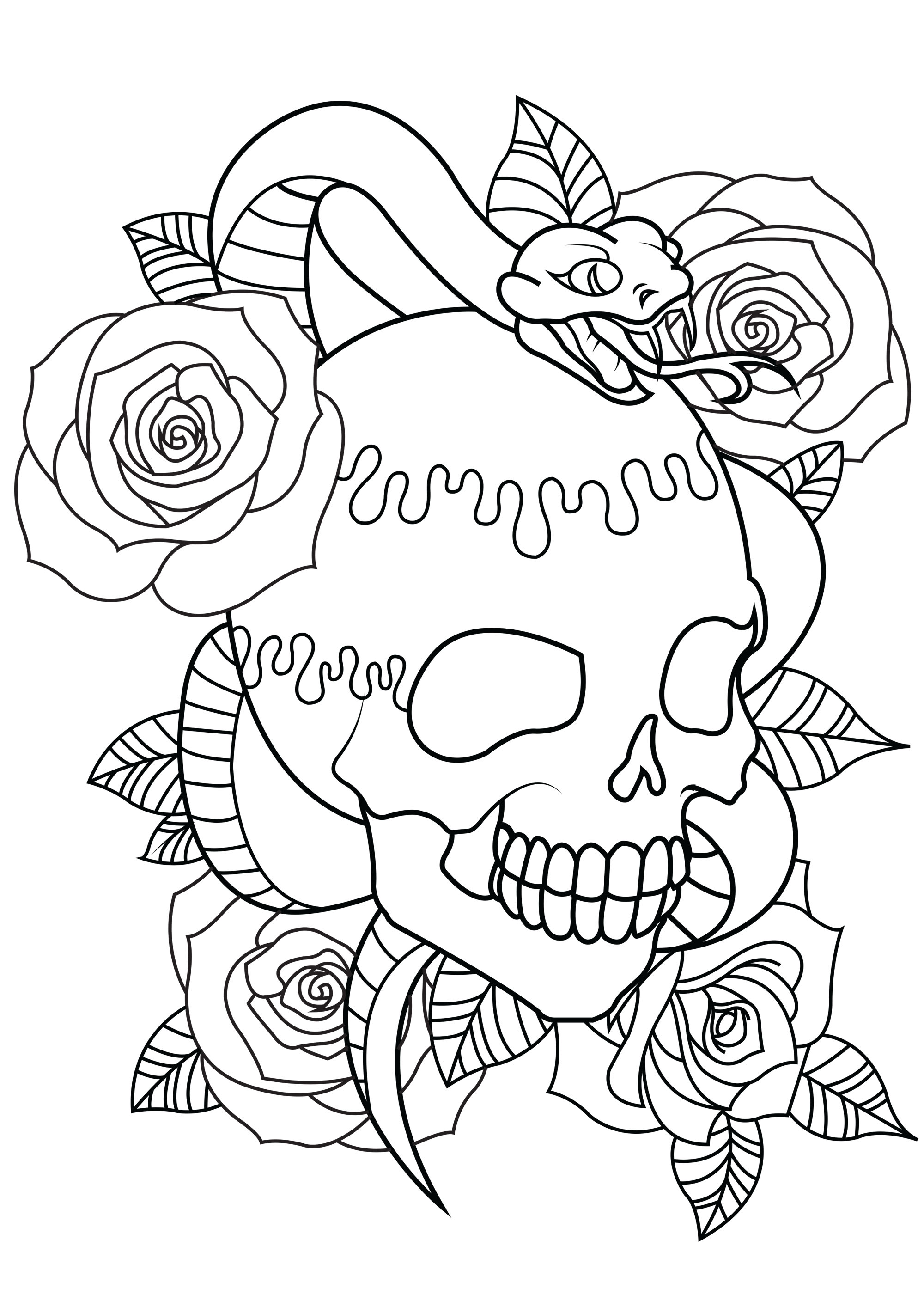 Color con tatuaje que contiene una calavera, una serpiente y hermosas rosas con hojas, Artista : Lucie