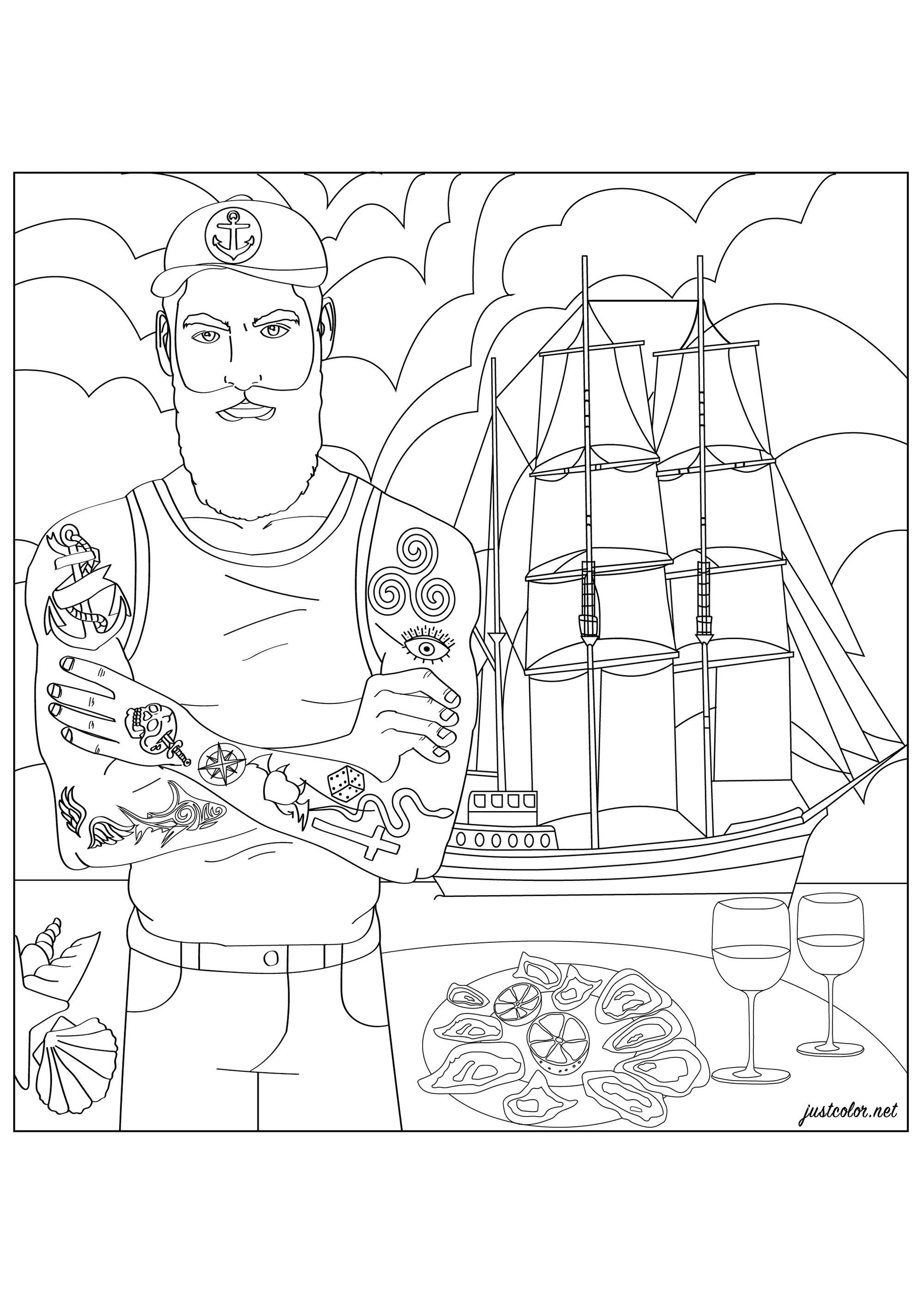 Bretón, tatuaje y barco (Página para imprimir para adultos)