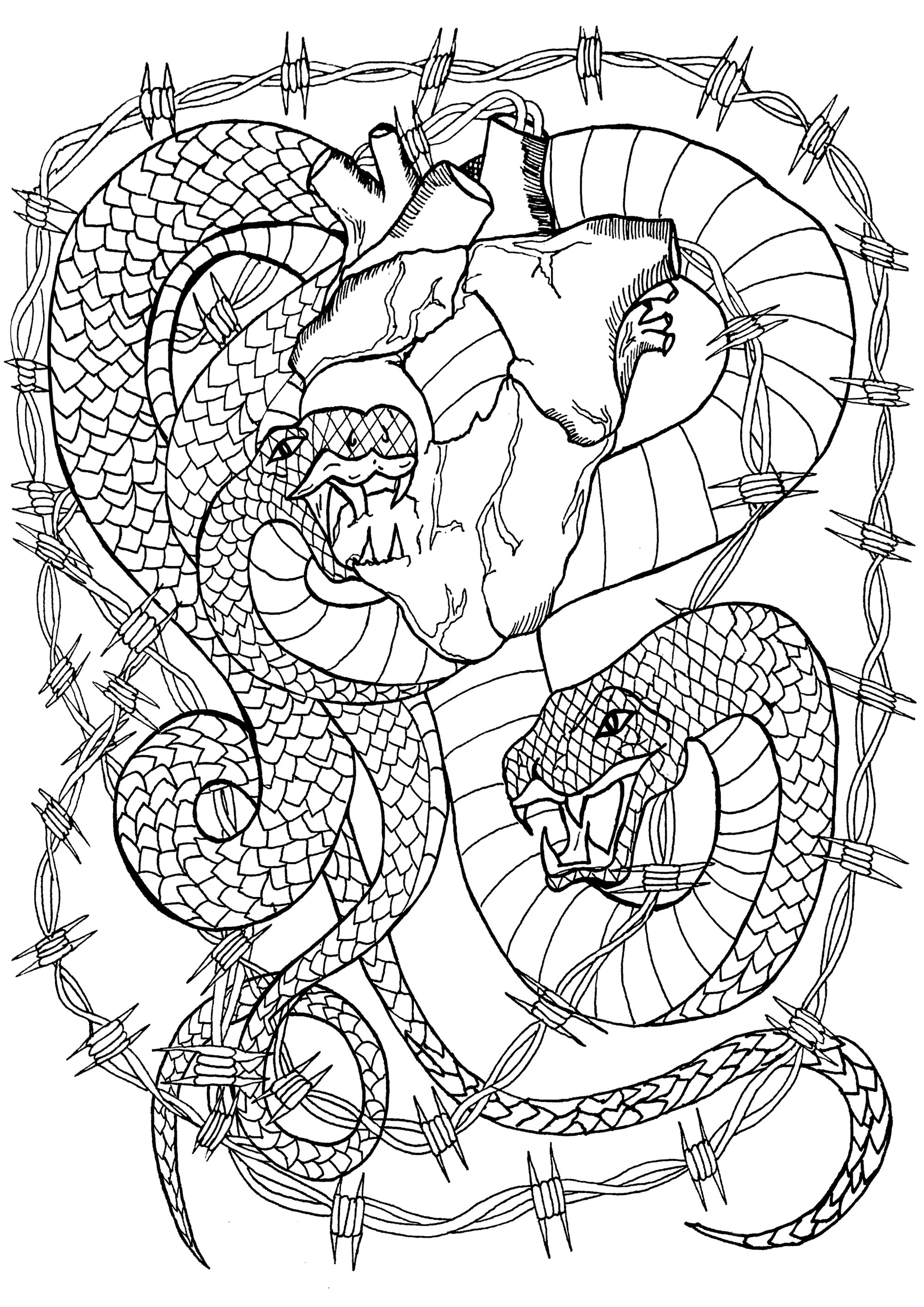Dos serpientes rodeadas de alambre de espino devorando un corazón que aún late, Artista : Lise
