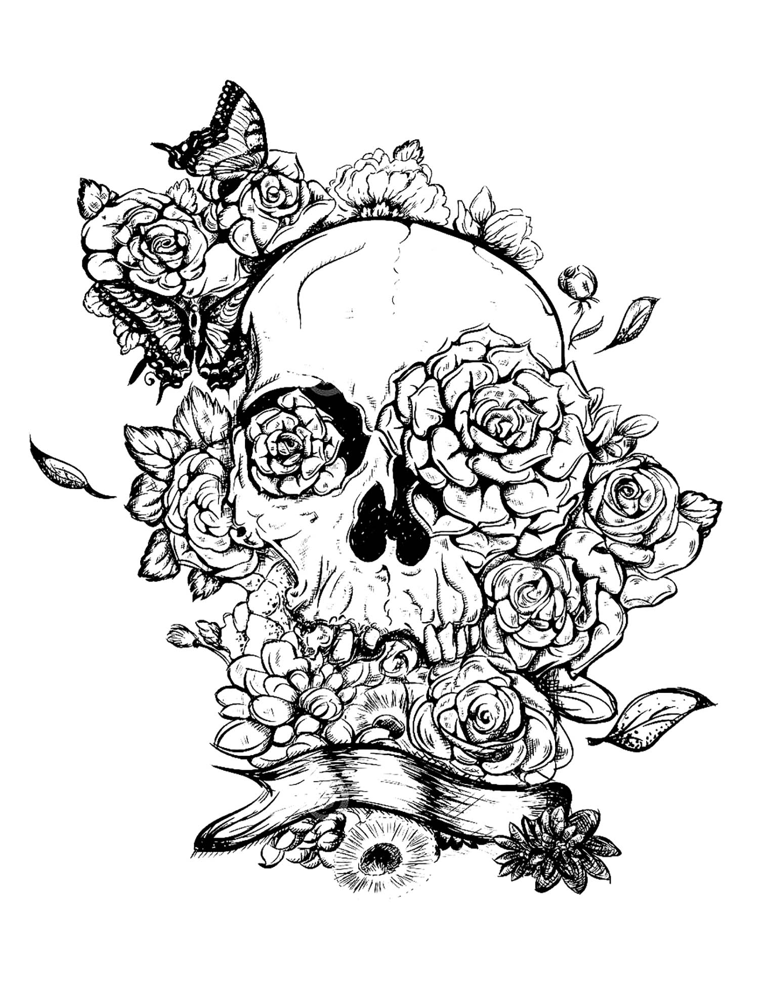 Calavera y rosas. El esqueleto está dibujado con líneas finas y precisas, lo que lo hace muy detallado. Las rosas que lo rodean también están muy bien detalladas, así que te toca a ti colorearlas con colores vivos e intensos.