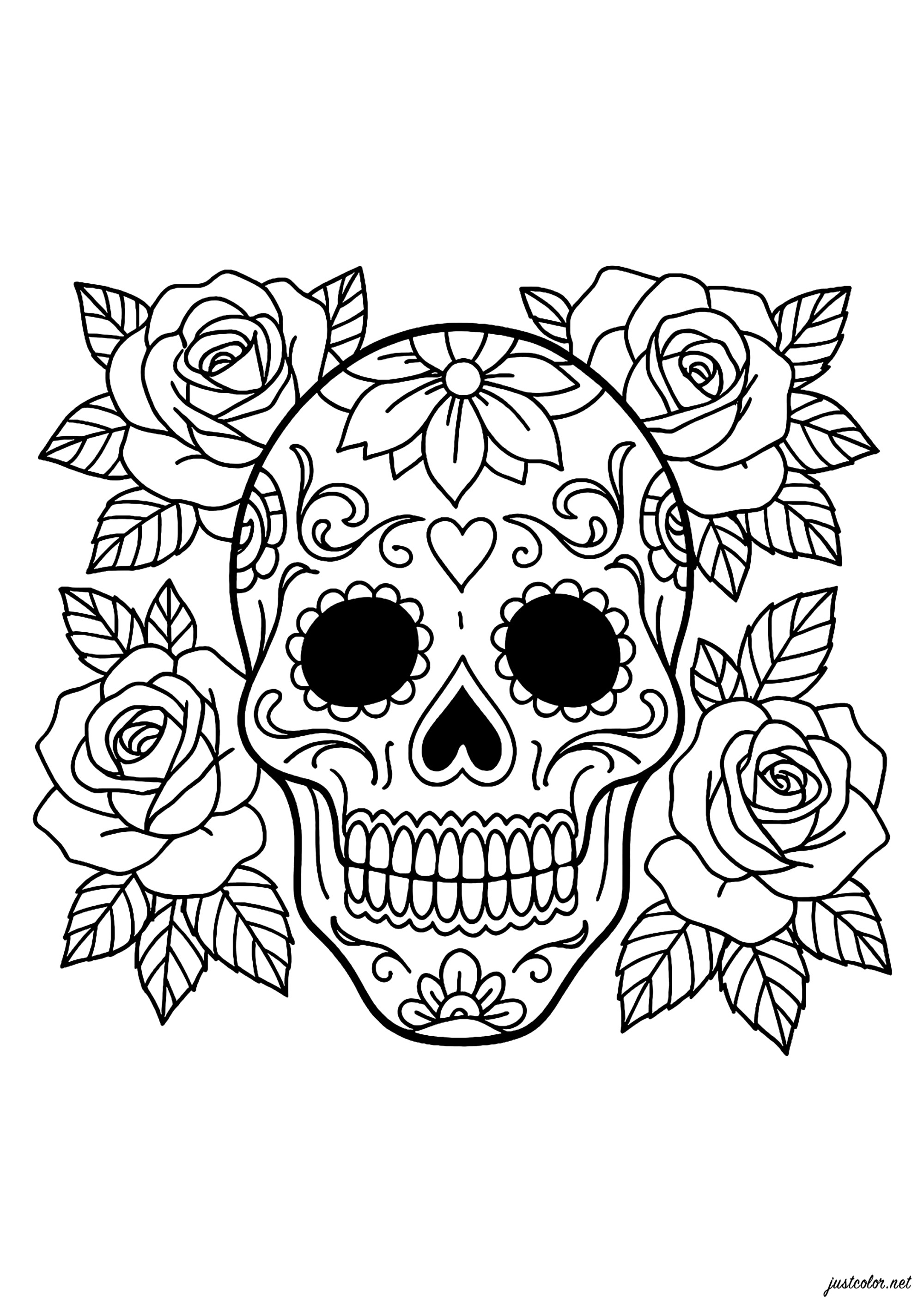Cráneo floral con detalles delicados (Página de Tatuajes para imprimir para adultos)