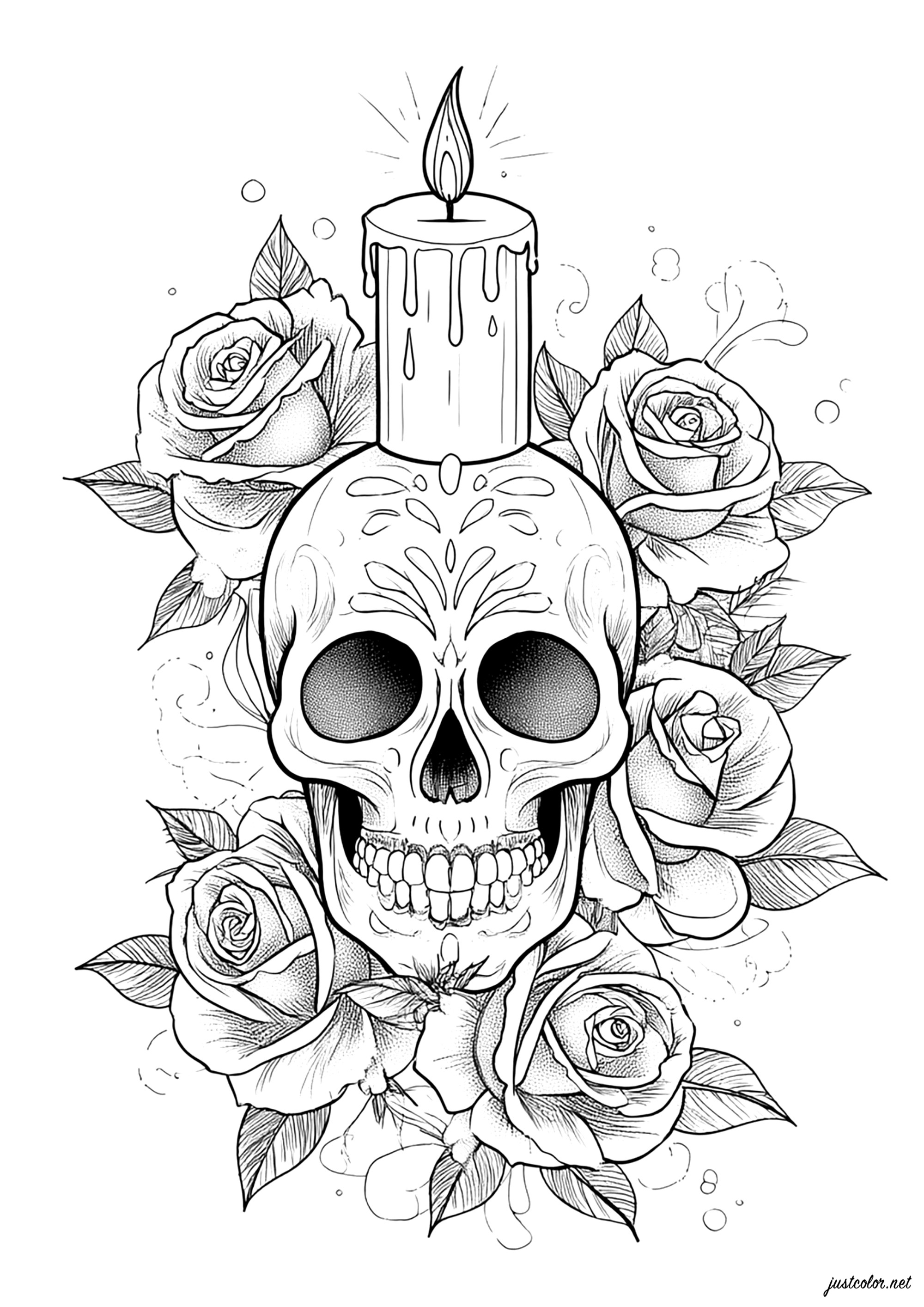 Cráneo con rosas y vela (Página de Tatuajes para imprimir para adultos)