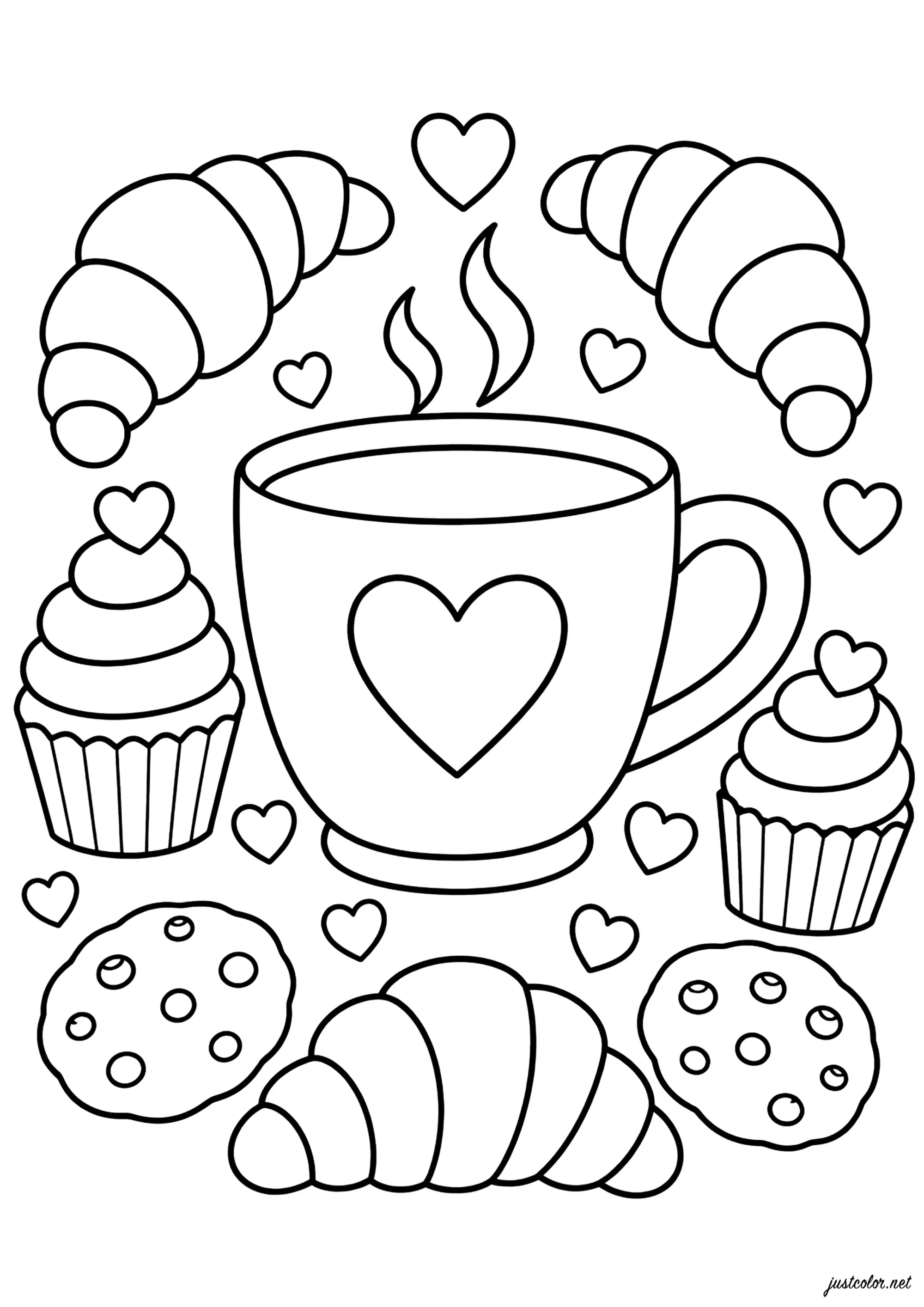 Taza con croissants y cupcakes (Página de Thick outlines para imprimir para adultos)