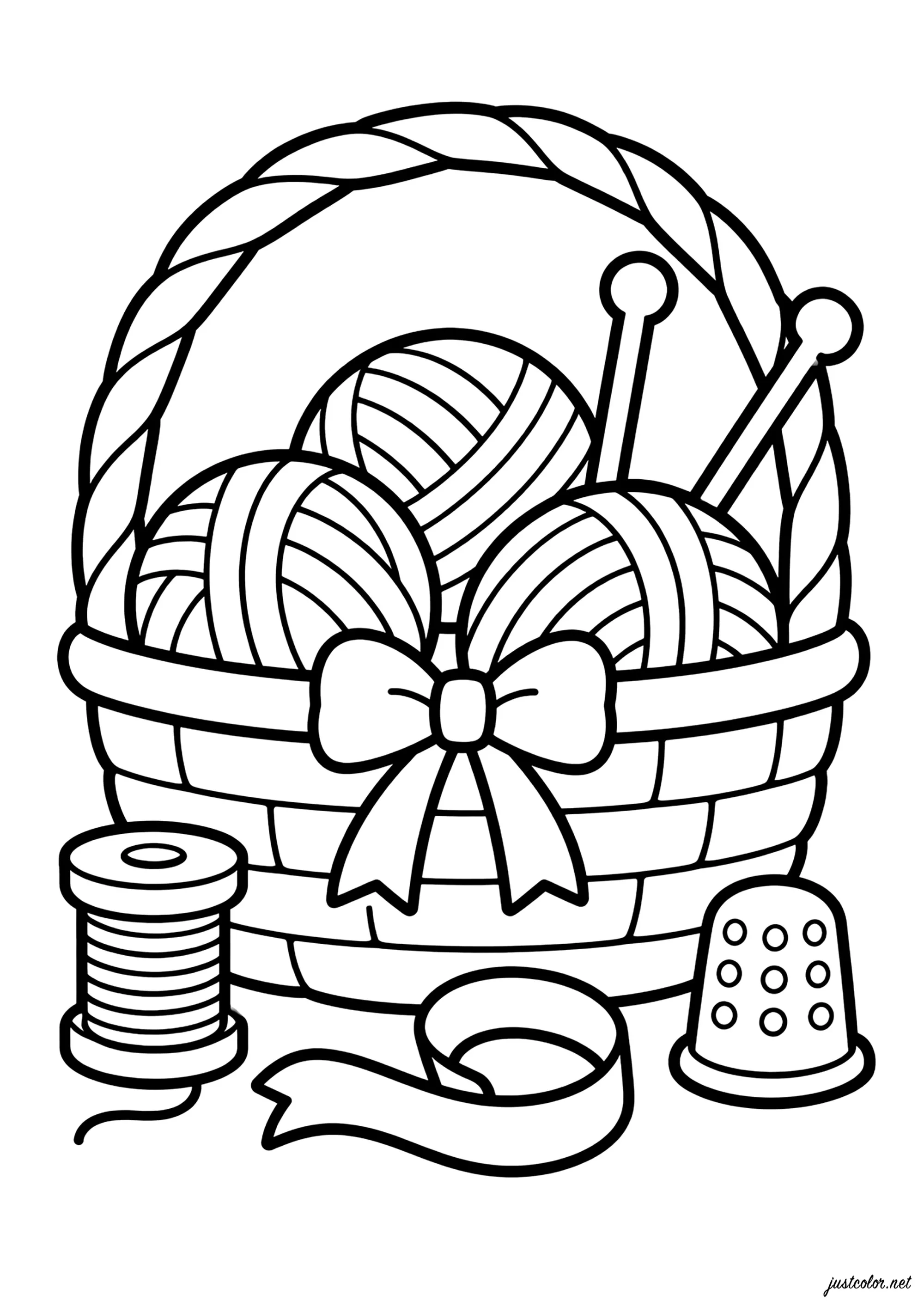 Cesta con ovillos de lana y accesorios (Página de Thick Outlines para imprimir para adultos)