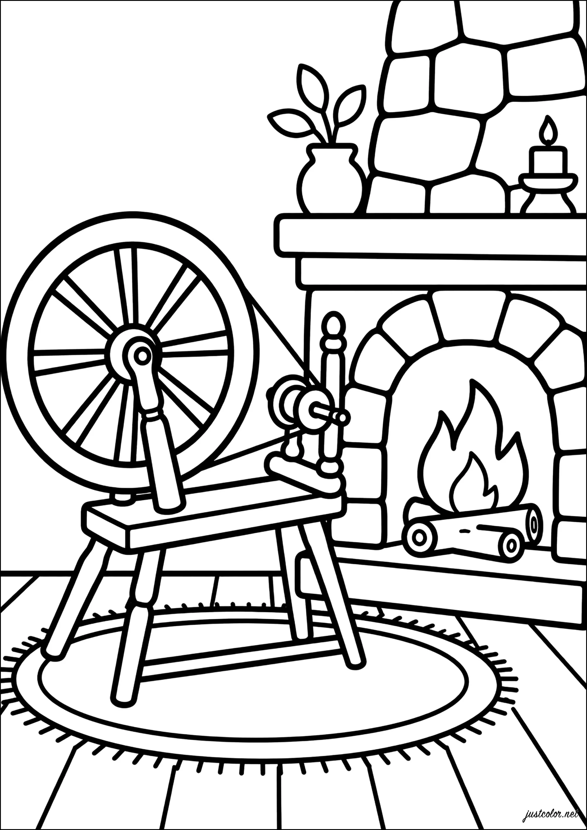 Rueda de hilar cerca de la chimenea (Página de Thick outlines para imprimir para adultos)