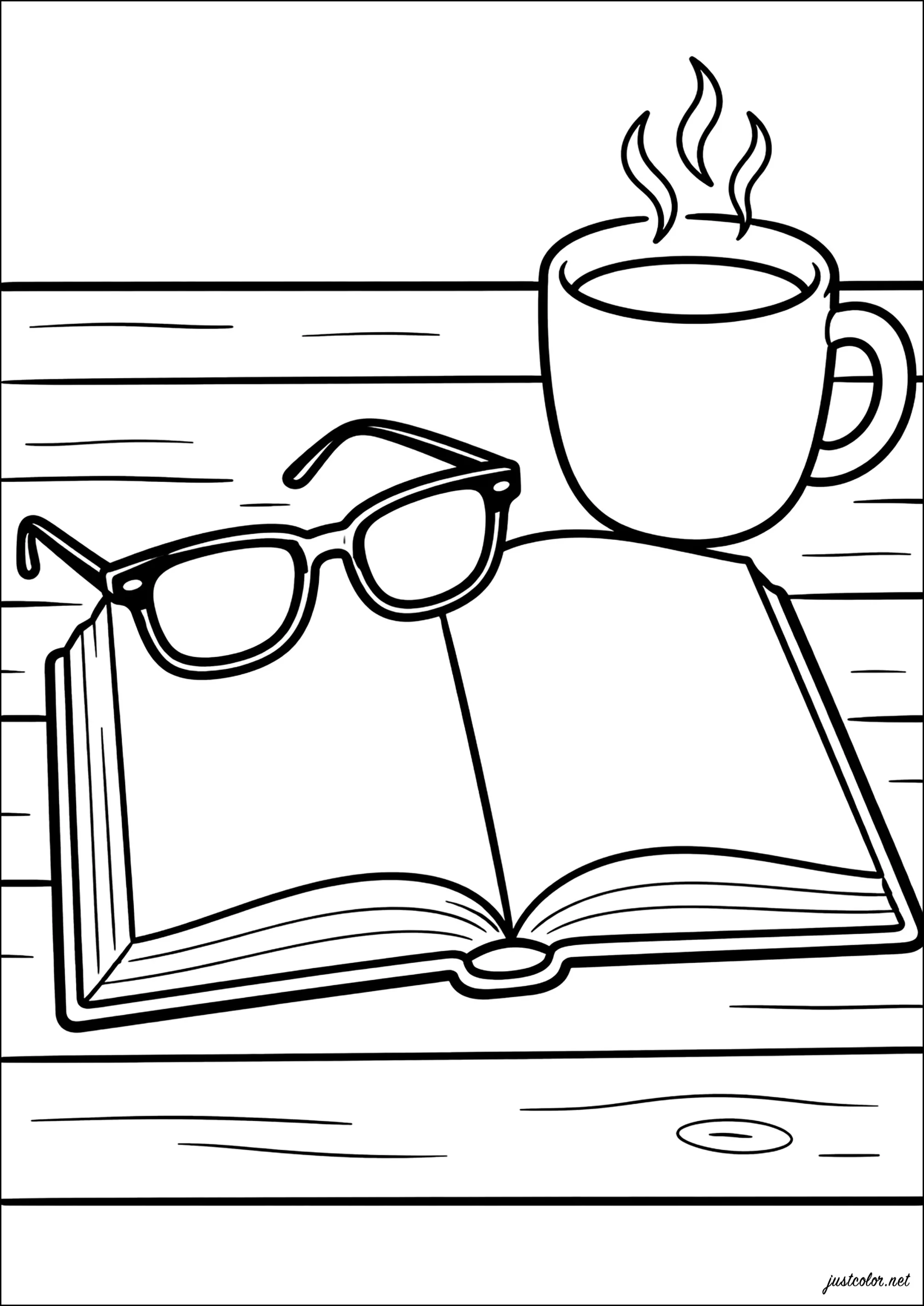 Libro abierto sobre una mesa de madera (Página de Thick outlines para imprimir para adultos)