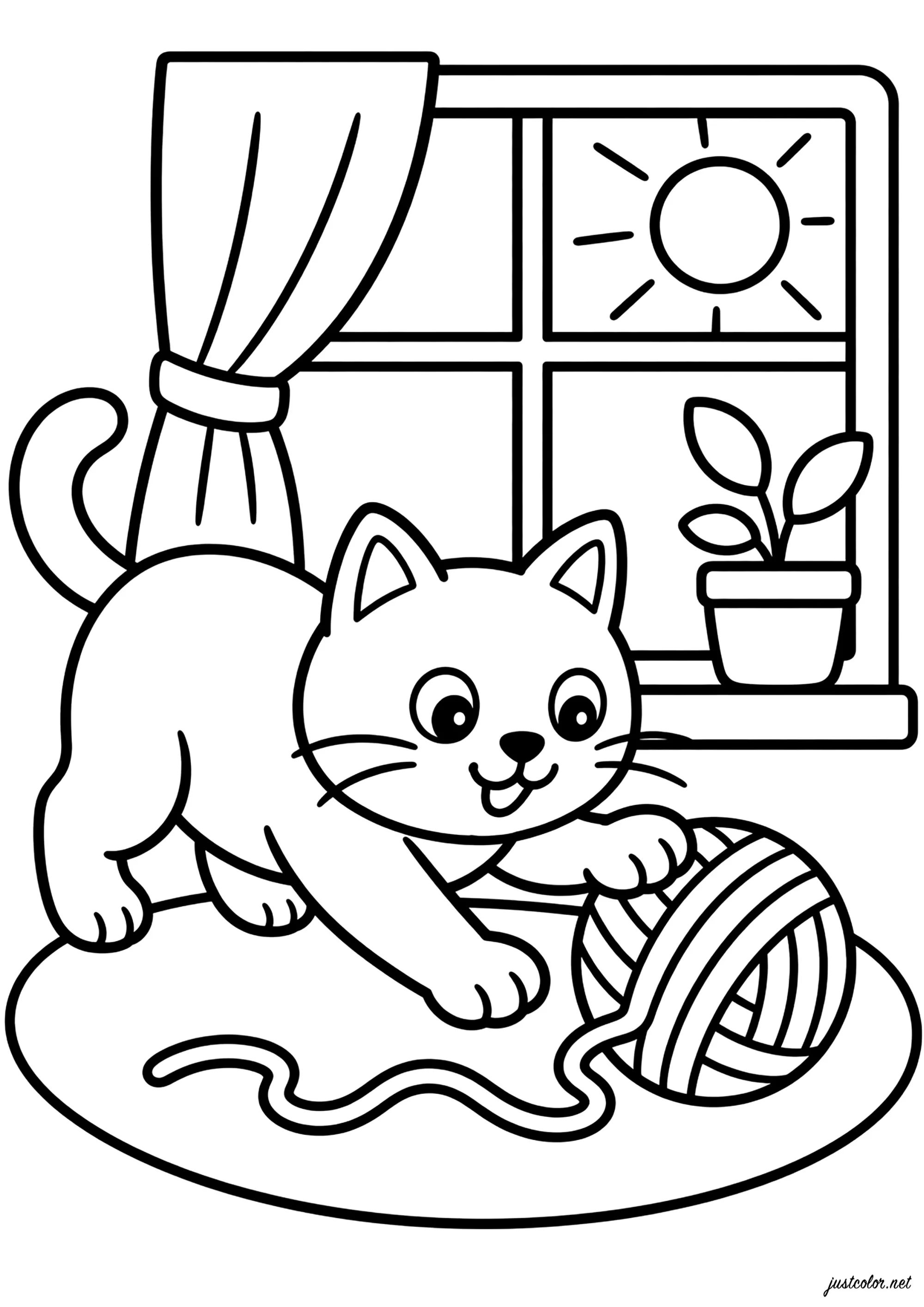Gato jugando con una bola de lana (Página de Thick outlines para imprimir para adultos)