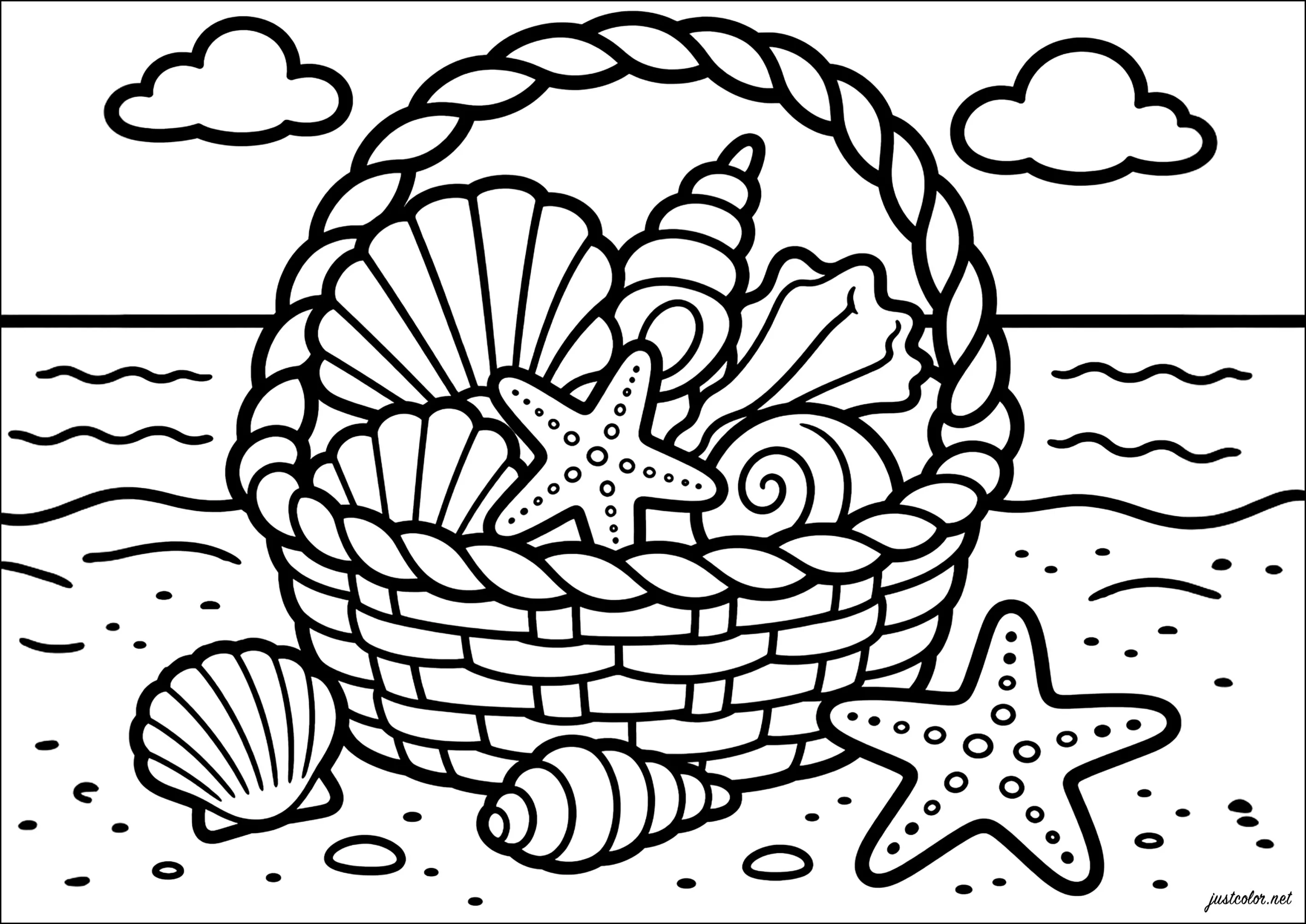 Cesta de caracolas marinas en la playa (Página de Thick outlines para imprimir para adultos)
