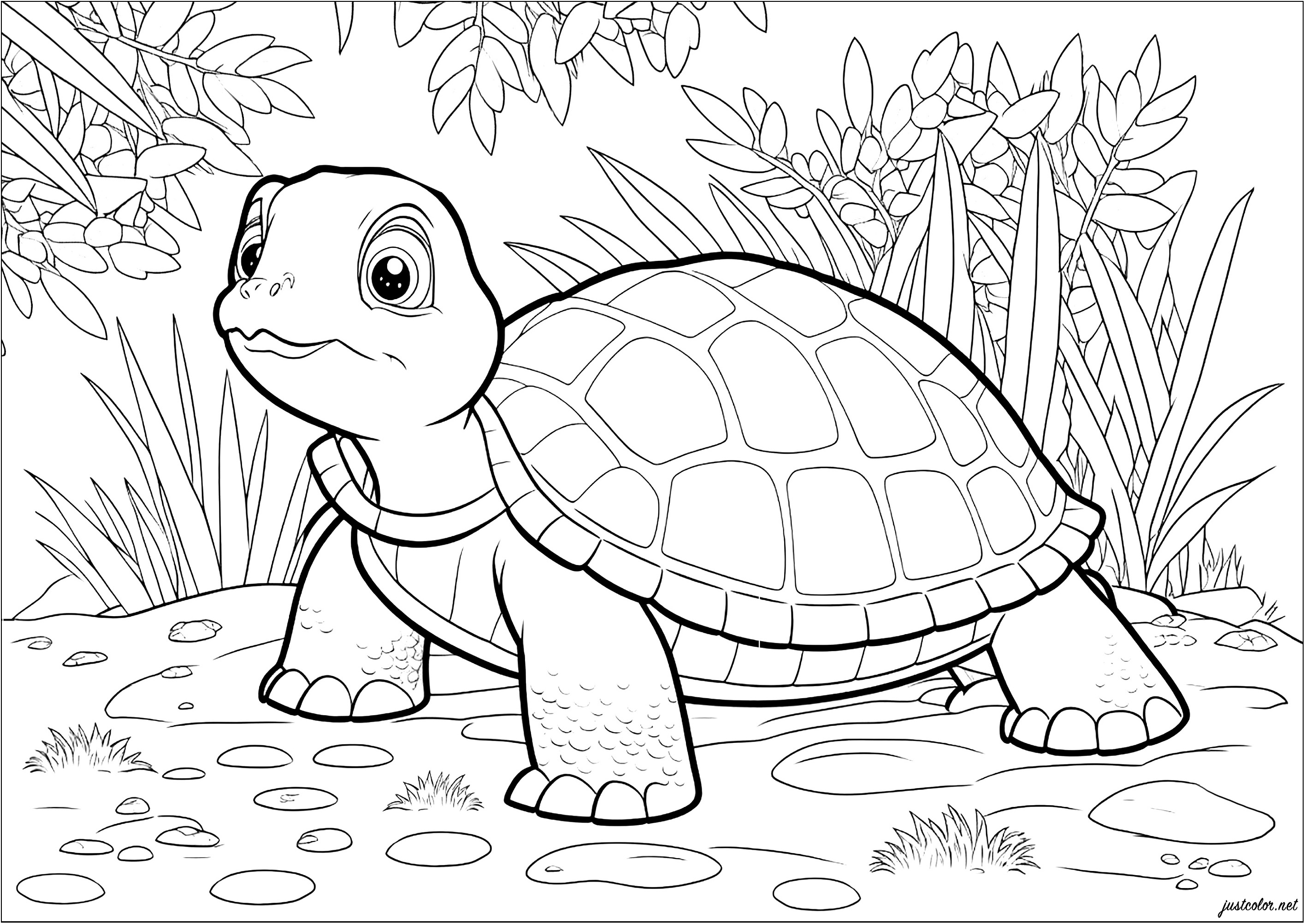 Una página para colorear muy chula con una tortuga y un montón de hojas detrás. Únete a la lenta y constante tortuga en sus aventuras en esta divertida página para colorear.