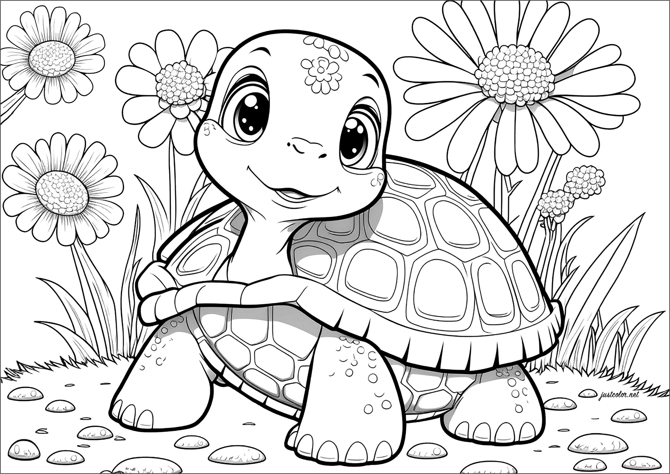 Una tortuga muy infantil para colorear, ¡pero con muchos detalles!. Sigue a esta tortuga terrestre en sus lentas pero seguras aventuras en esta divertida página para colorear.