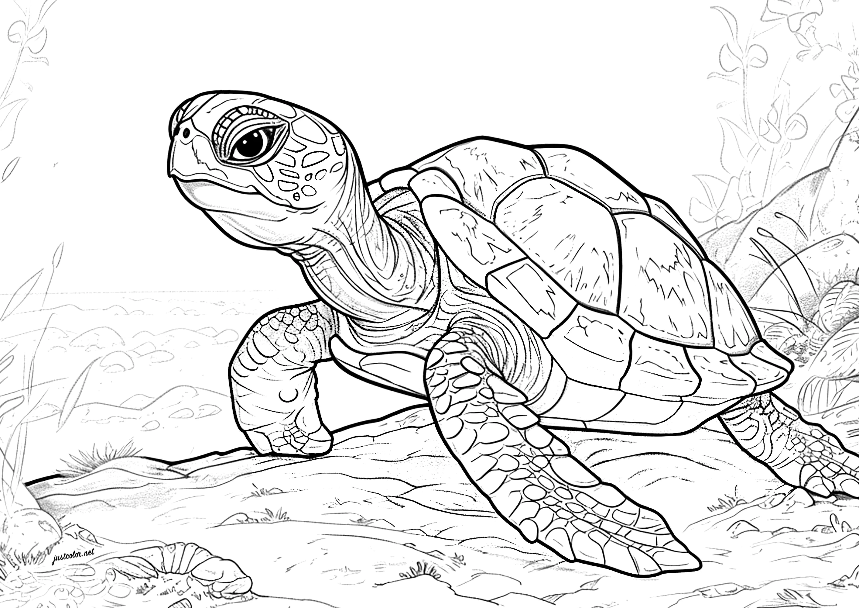 Tortuga en la playa (Página para imprimir para adultos)