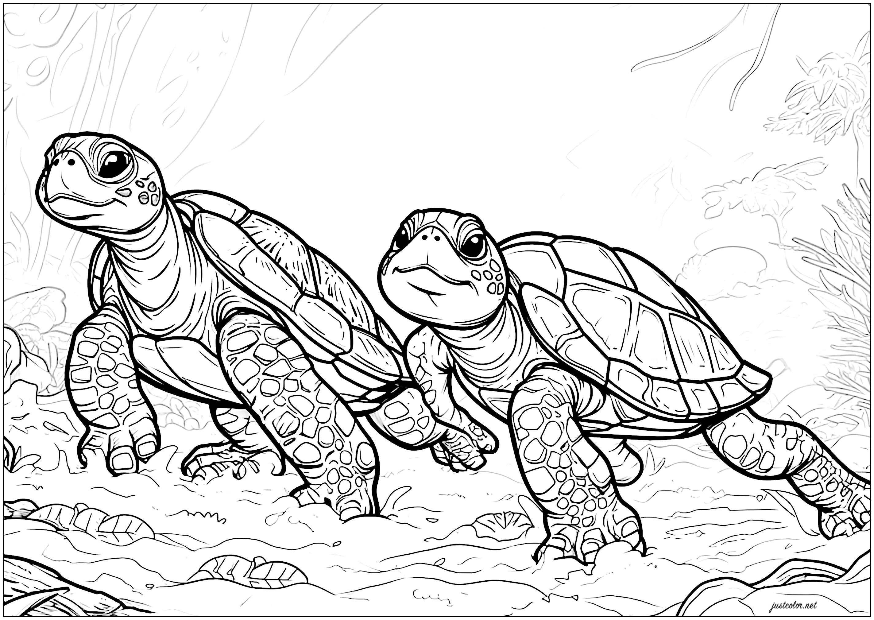 Dos tortugas paseando tranquilamente (Página para imprimir para adultos)