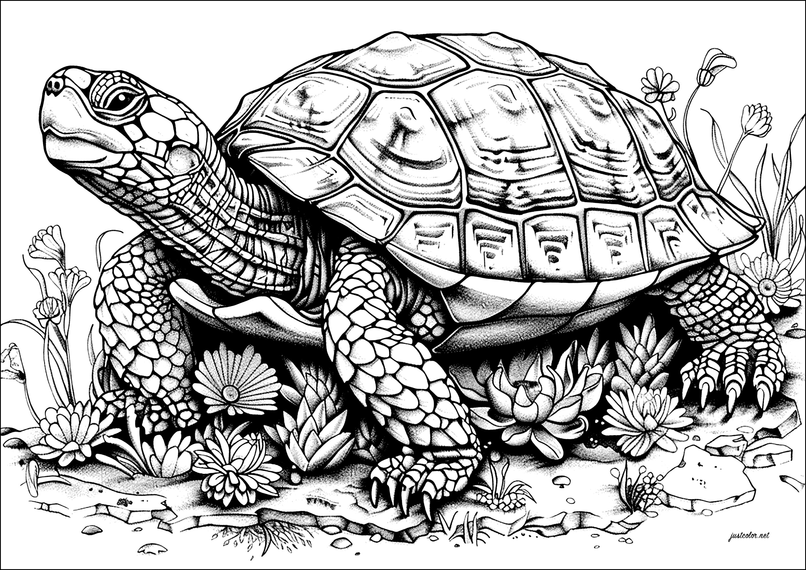 Coloración de una gran tortuga de movimiento lento, llena de detalles. La cabeza de esta tortuga está coronada por un impresionante caparazón, decorado con intrincados dibujos que disfrutarás coloreando.Avanza lentamente, como si llevara el peso del mundo a sus espaldas.