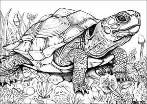 Página de para imprimir para adultos : Tortuga muy realista con muchos detalles