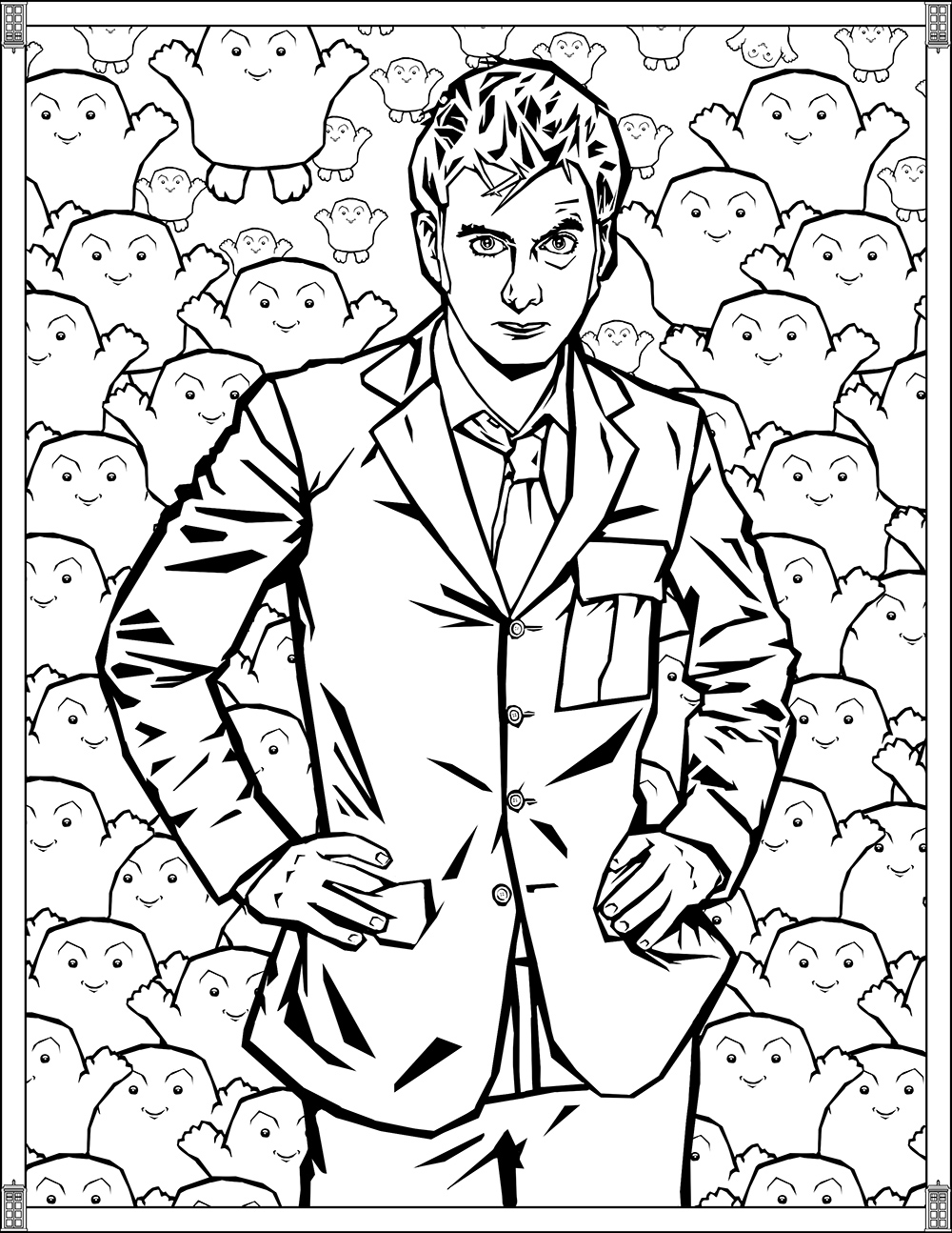 Doctor Who El Décimo Doctor Who: David Tennant. Doctor Who está representado con un traje tradicional escocés. Su rostro está lleno de sabiduría y compasión, y sus ojos azules brillan con inteligencia, Artista : Brady Johnson   Origen : fun