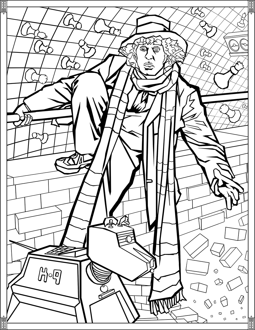 EL CUARTO DOCTOR (TOM BAKER). Según la BBC, los colores de la bufanda son morado, camel, bronce, mostaza, óxido, gris y marrón verdoso, Artista : Brady Johnson   Origen : fun