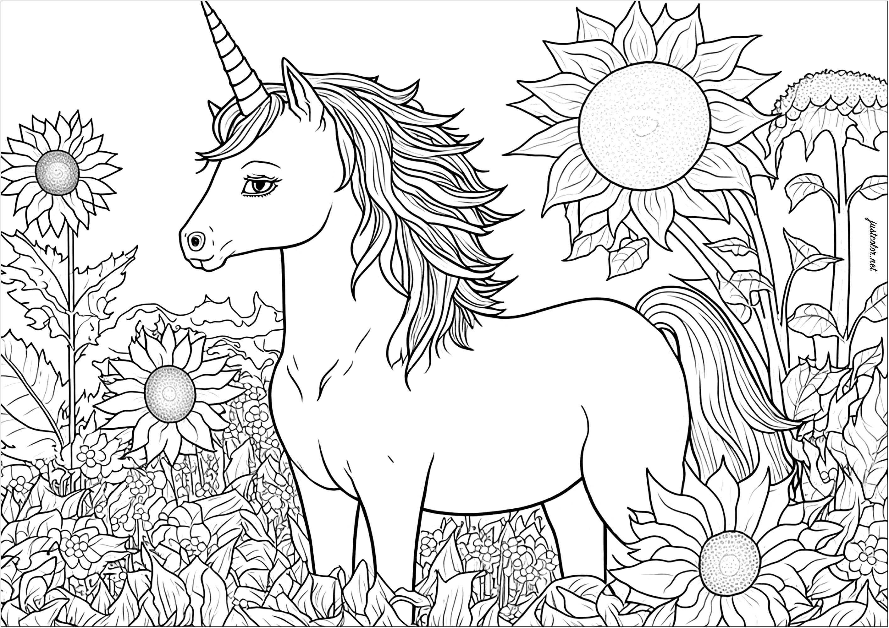 Unicornio y girasoles para colorear. Muchos detalles para colorear, ya sea en las flores, la vegetación o la melena de este hermoso unicornio.
Un coloreado que es una auténtica invitación a la contemplación y la meditación.