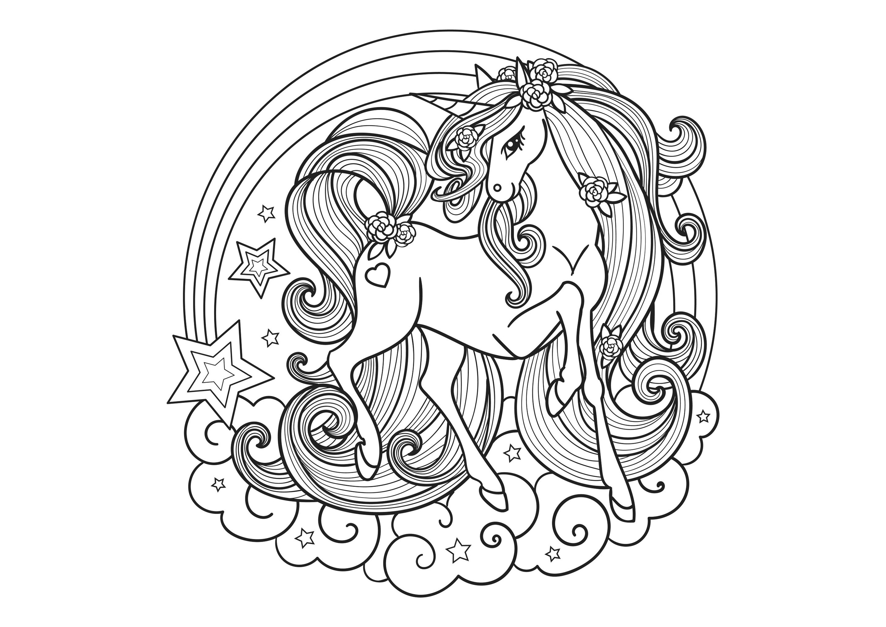 Precioso unicornio muy elegante, dentro de un mandala formado por nubes y una estrella fugaz.
