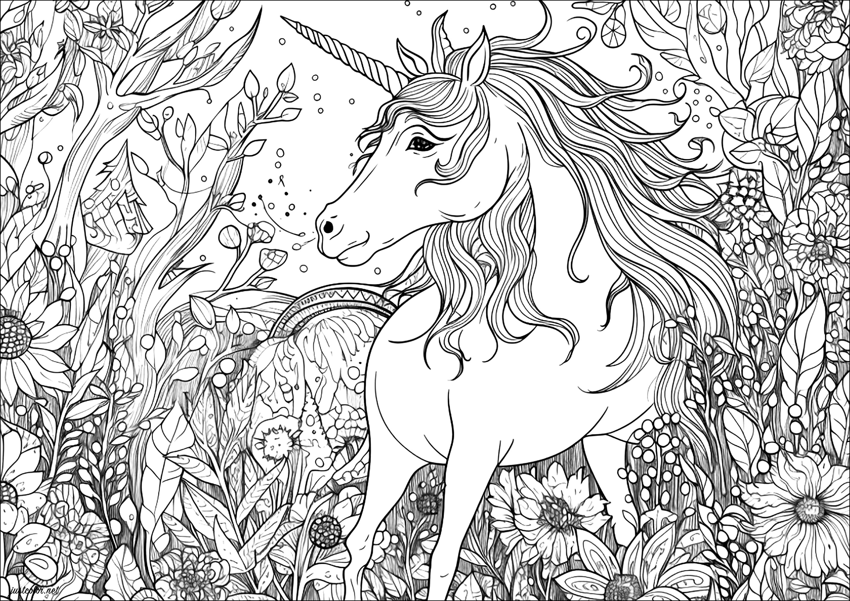 Bonito unicornio en un bosque. Muchos detalles para colorear, para una experiencia mágica de coloreado