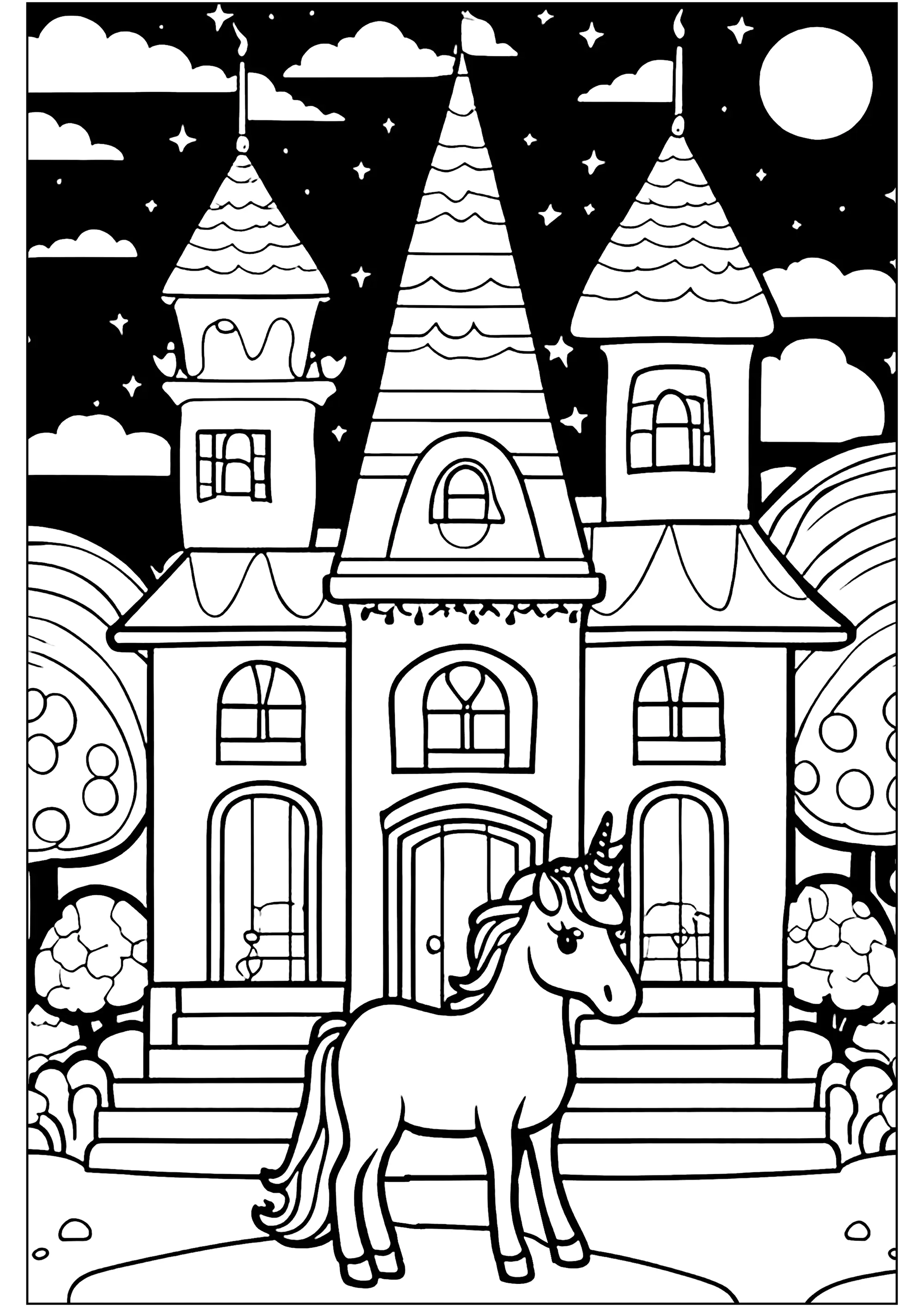 Unicornio frente a un hermoso castillo (Página para imprimir para adultos)