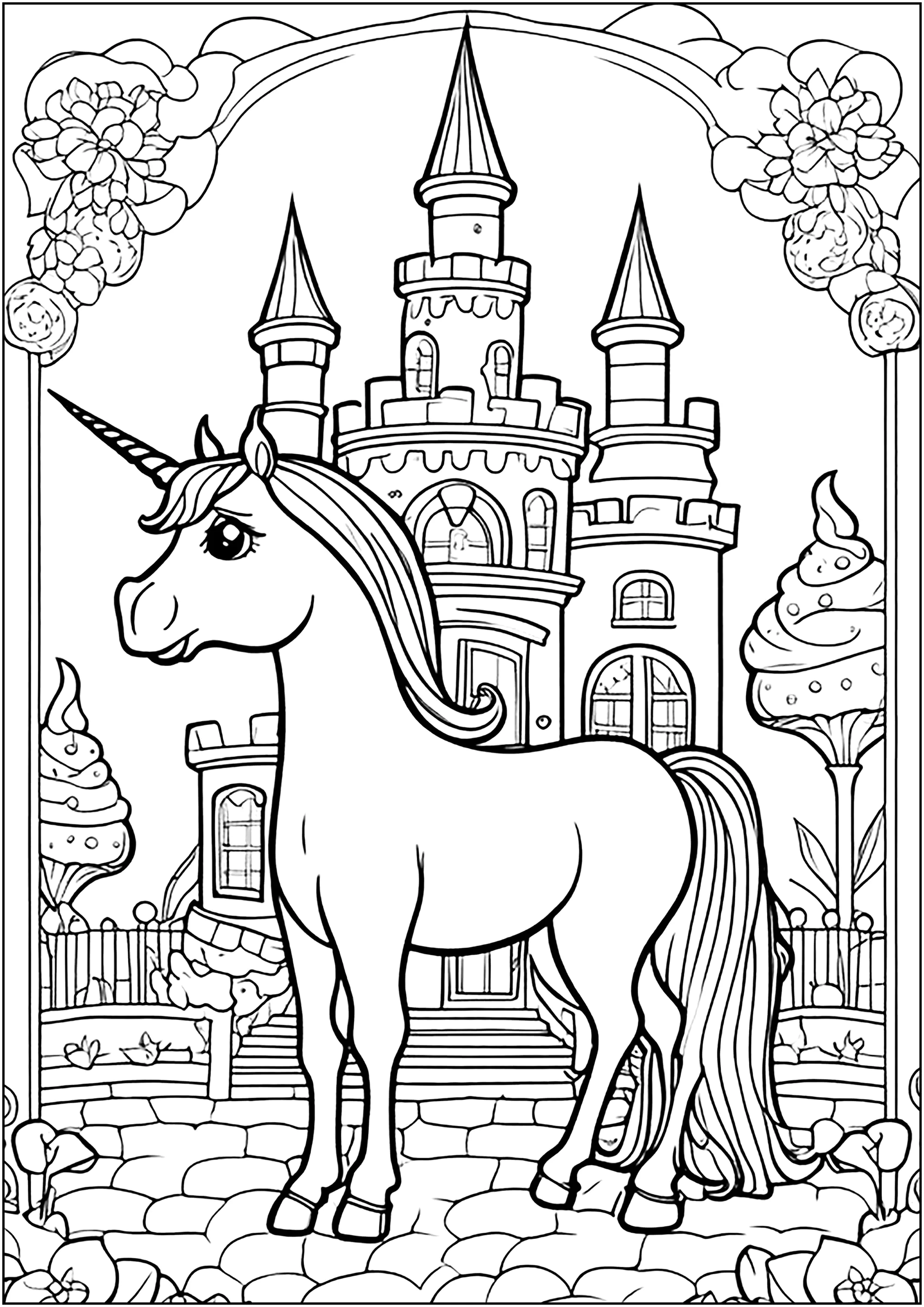 Unicornio frente a un hermoso castillo (Página para imprimir para adultos)