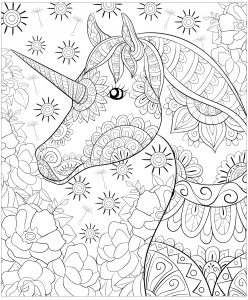 Página de Animales Fantasticos para imprimir para adultos : Bonito unicornio y flores