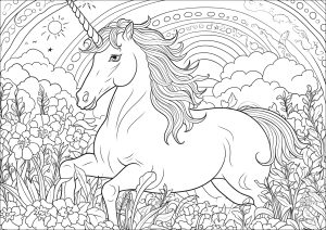 Unicornio galopante con arco iris