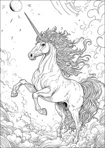 Página de para imprimir para adultos : Increíble unicornio en las nubes