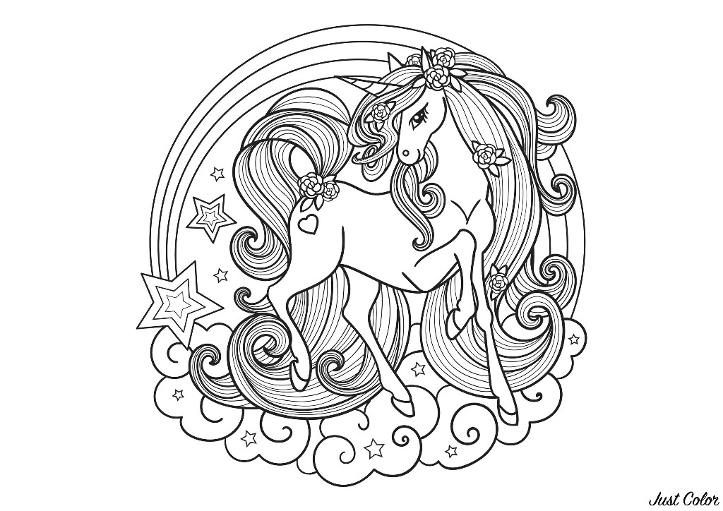 Precioso unicornio muy elegante, dentro de un mandala formado por nubes y una estrella fugaz.