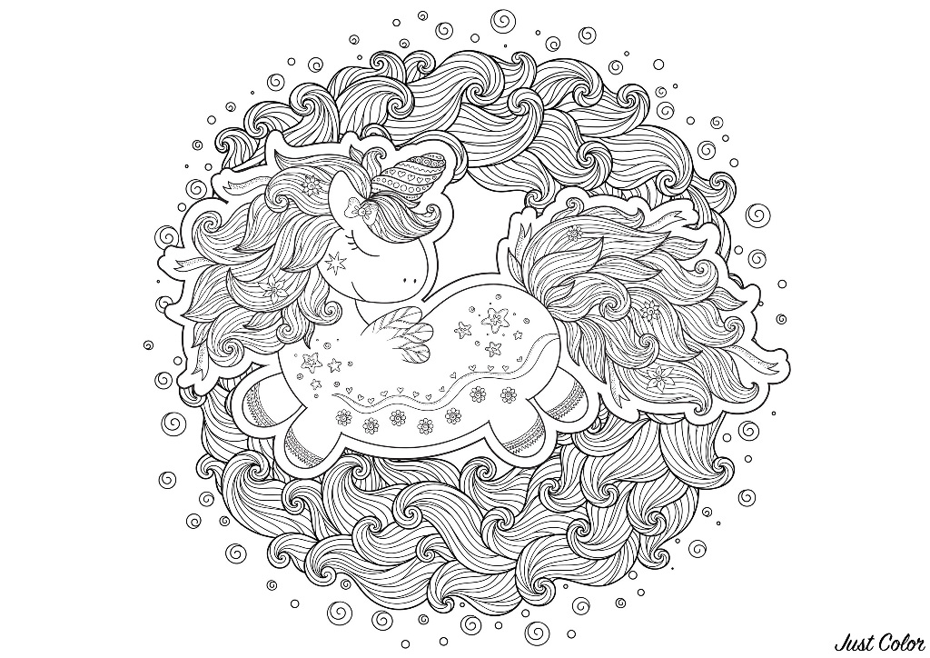 Unicornio dibujado en estilo cartoon, en medio de olas formando un círculo