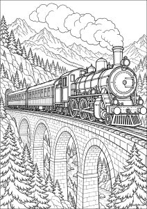 Tren de vapor en un puente de montaña