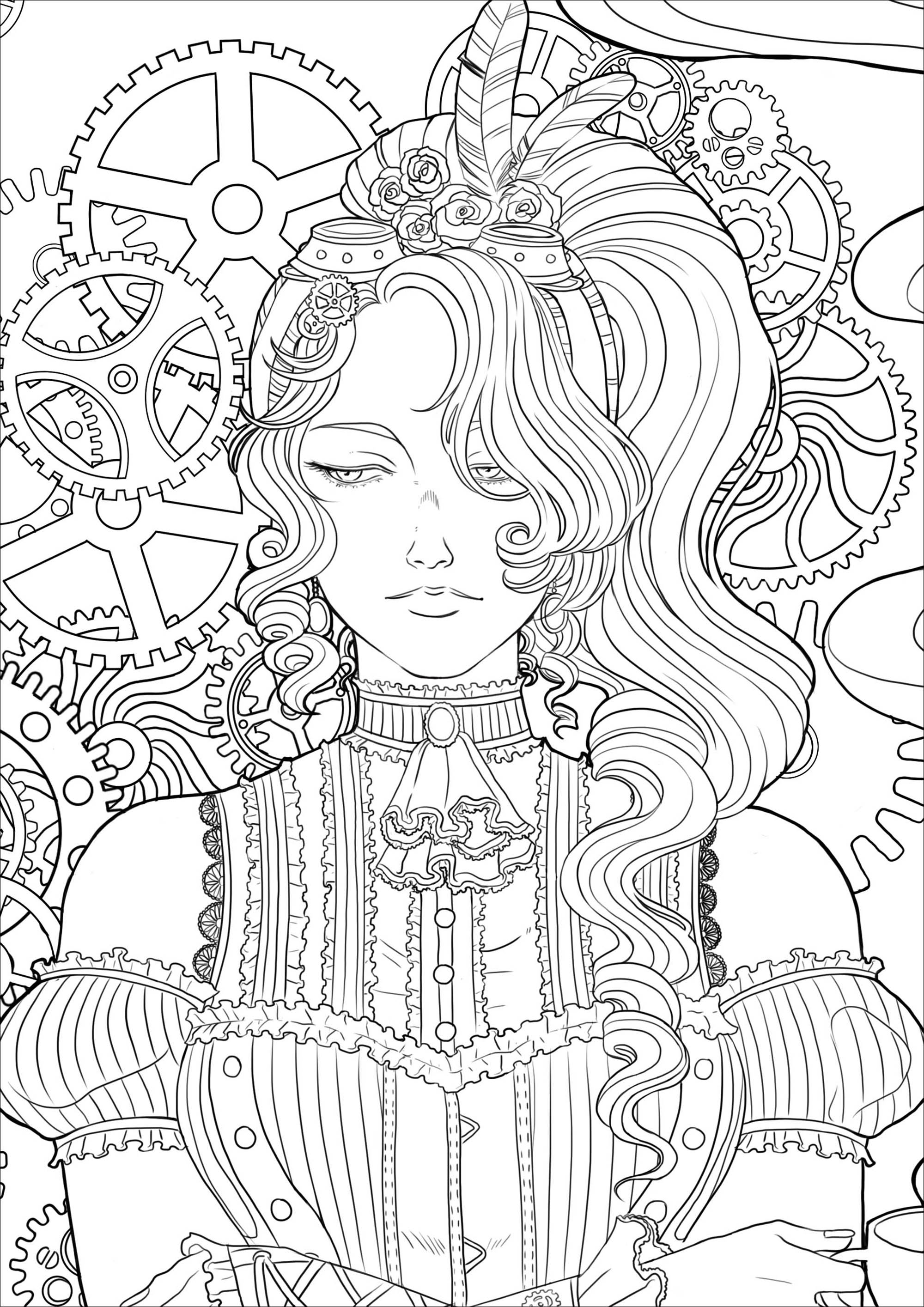 Página para colorear de una joven melancólica con una taza de té, todo ello en un entorno y mecanismos victorianos. Versión 3