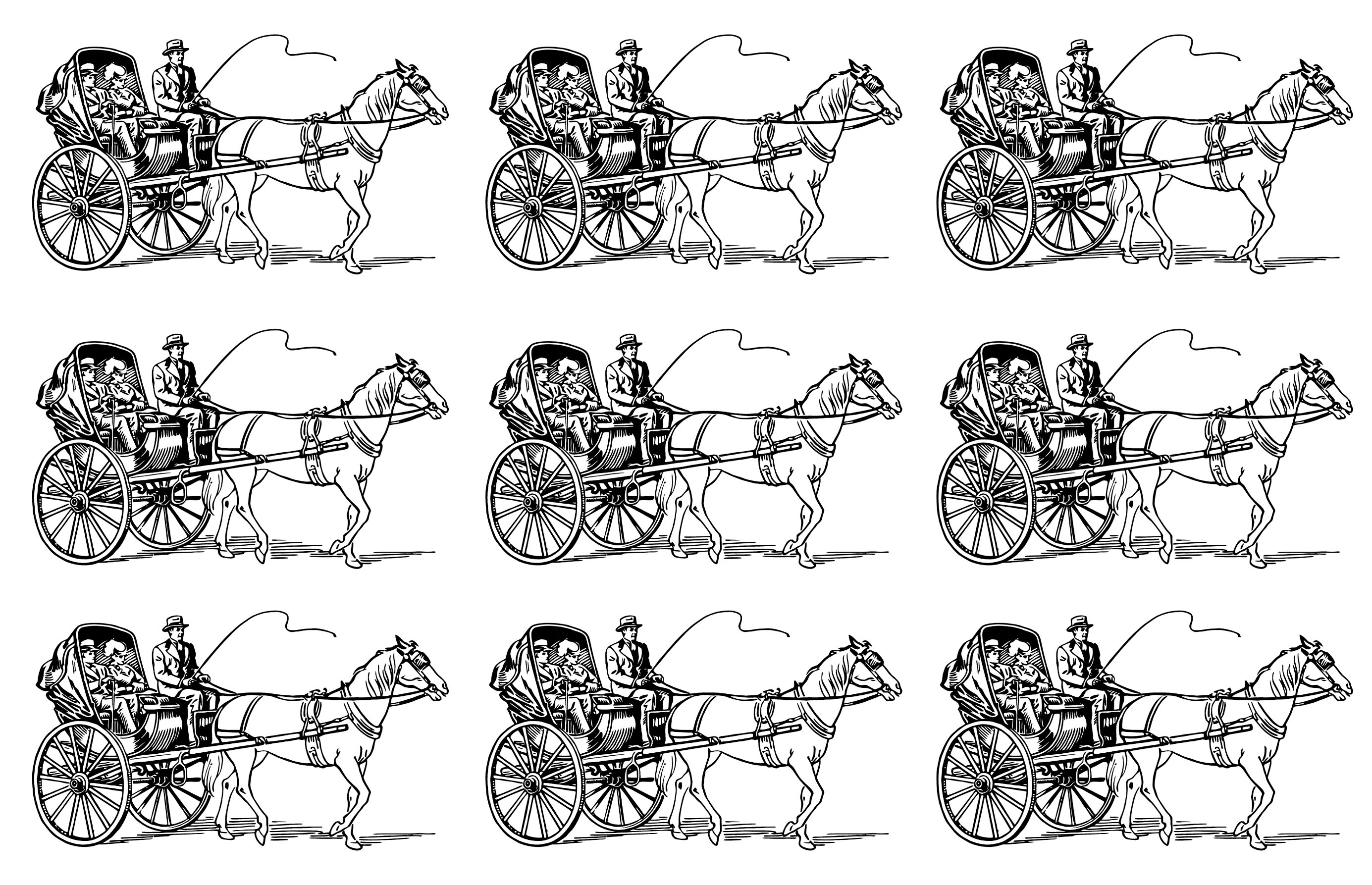 Visual en mosaico muy vintage de un carro tirado por caballos que transporta a un hombre y una mujer. ¡Colorea este carruaje de 6 formas diferentes!