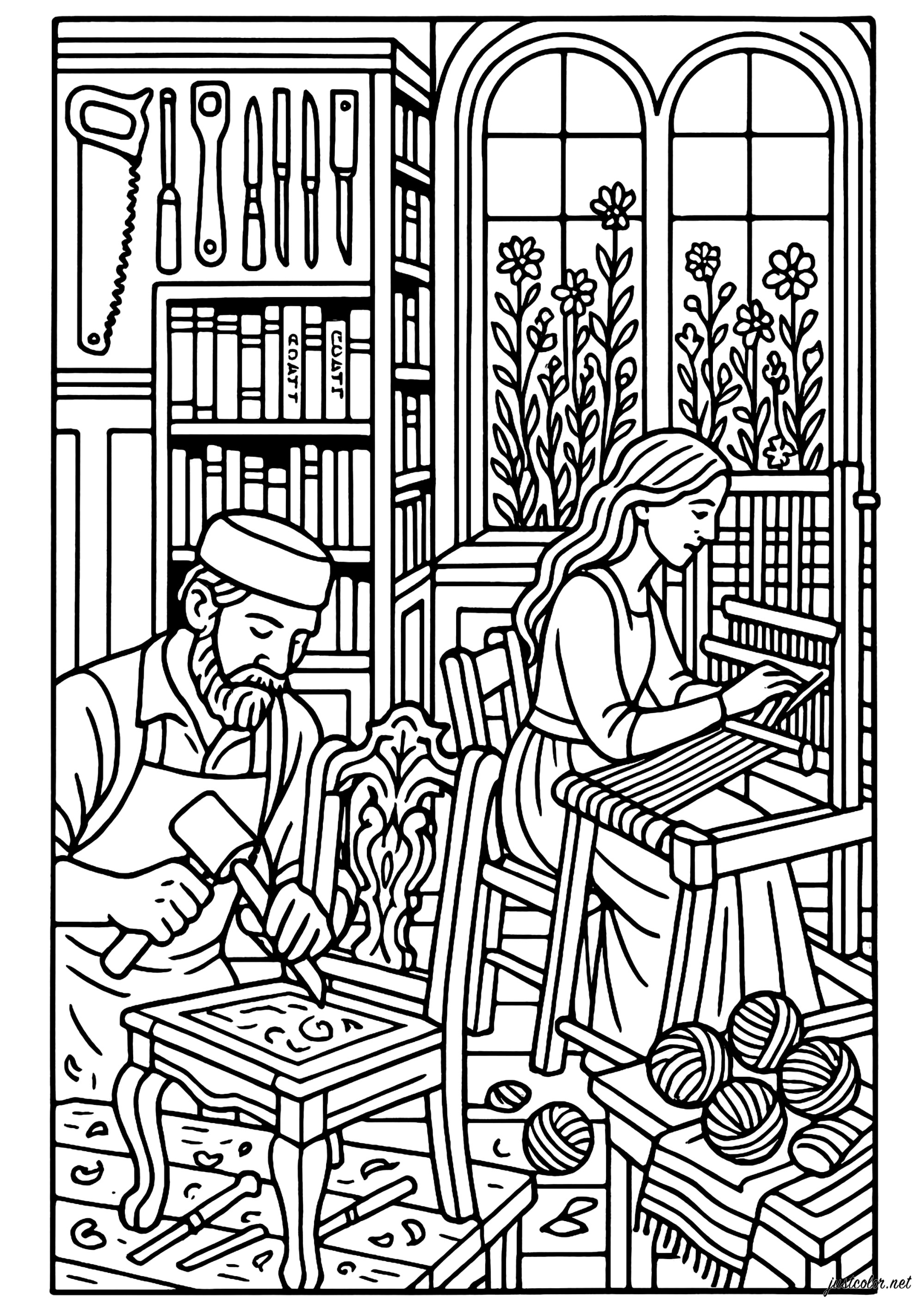 Taller creativo de carpintería (Página Vintage para imprimir para adultos)