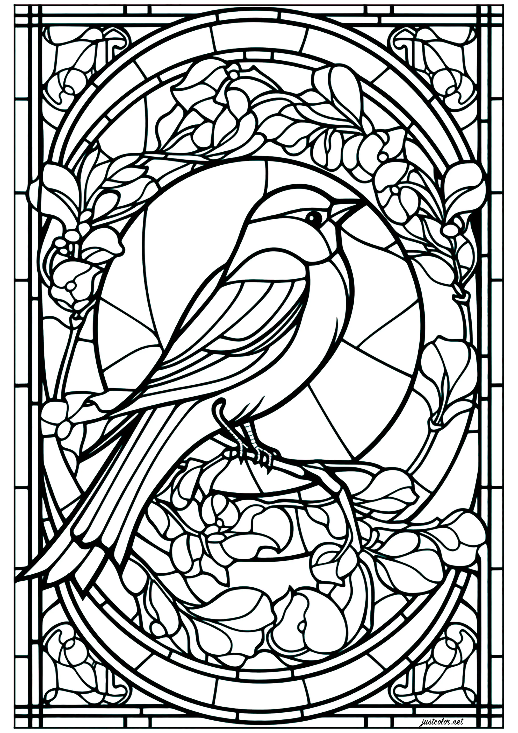 Un pajarito en una ventana (Página de Vidrieras para imprimir para adultos)